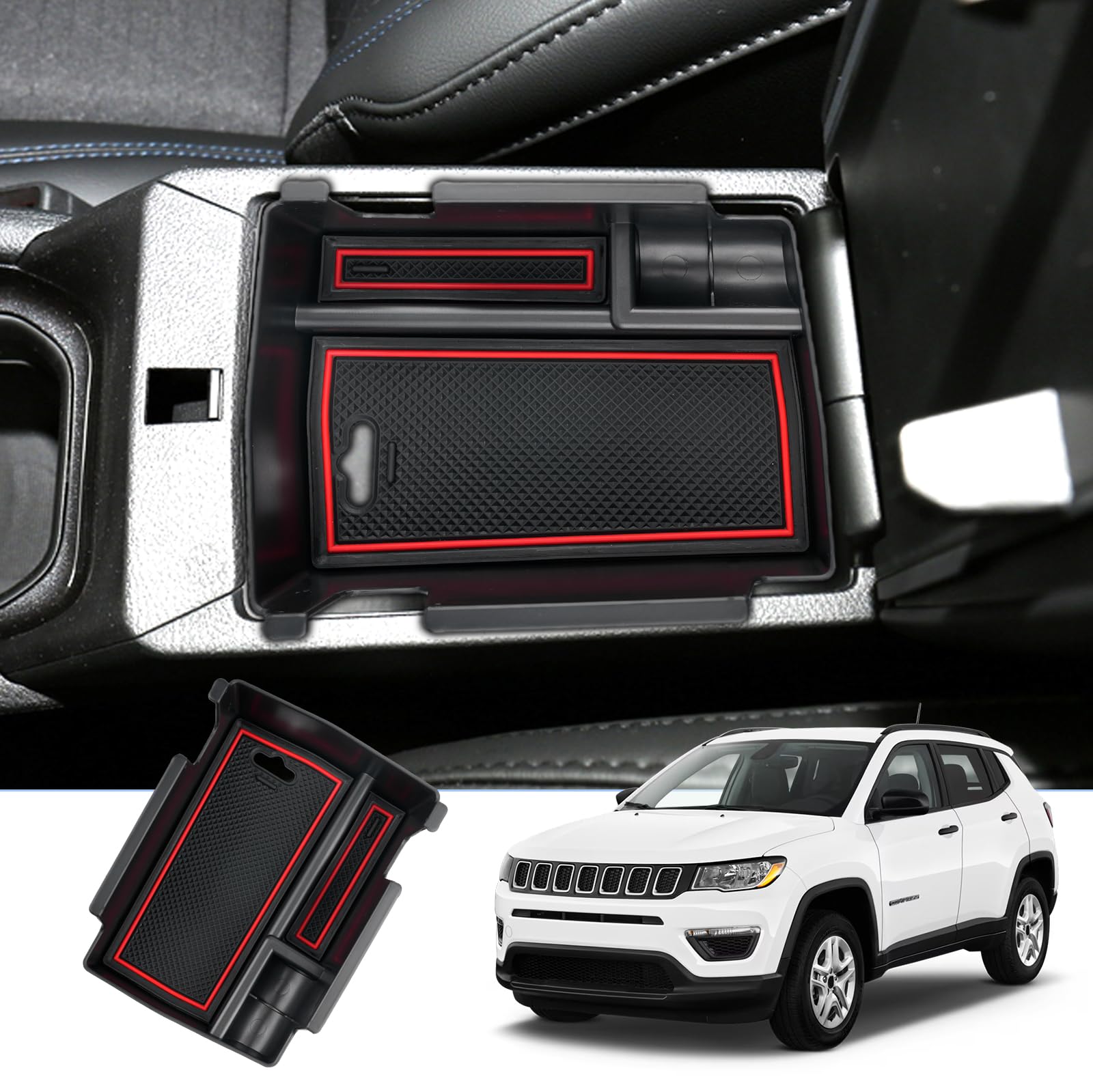 BIXUAN kompatibel mit Jeep Compass Alfa Romeo Tonale 2021 2022 2023 Organizer mit Antirutschmatte für Armlehne Mittelkonsole,Compass 2022 Interner Organizer zur Geräuschreduzierung rot von BIXUAN