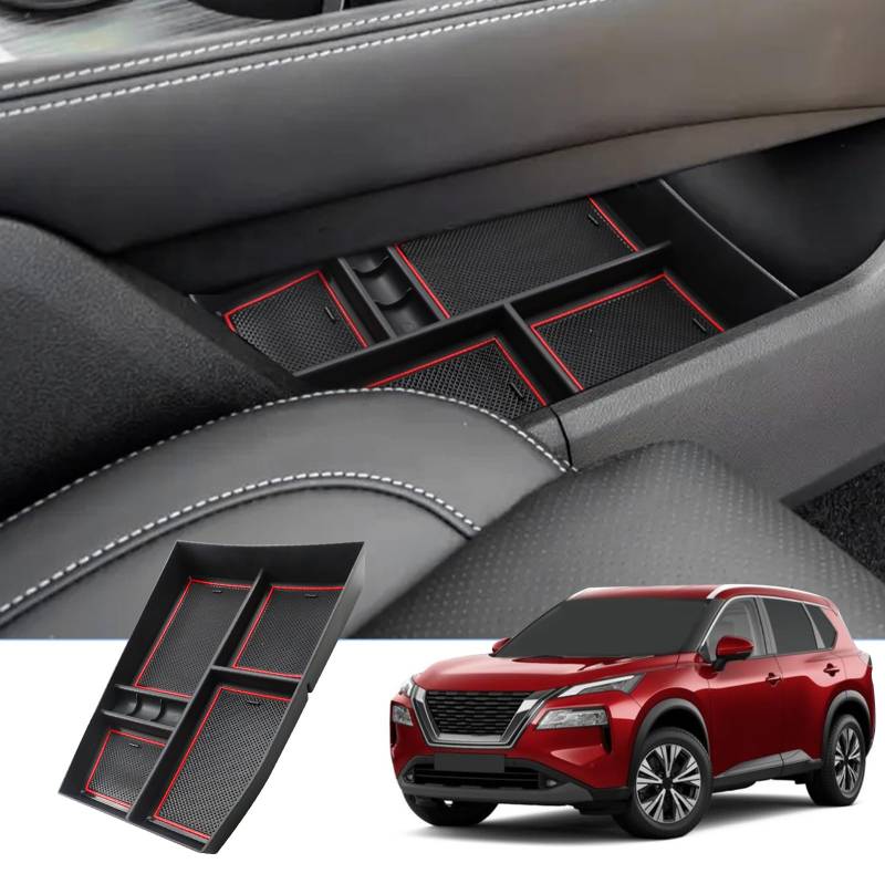 BIXUAN kompatibel mit Nissan X-Trail T33 2022-2023 2024 Mittelkonsole Aufbewahrungsbox mit Rutschfester Matte Ablagefach zubehör,Armlehne Organizer Tray Mittelarmlehne Handschuhfach Rot von BIXUAN