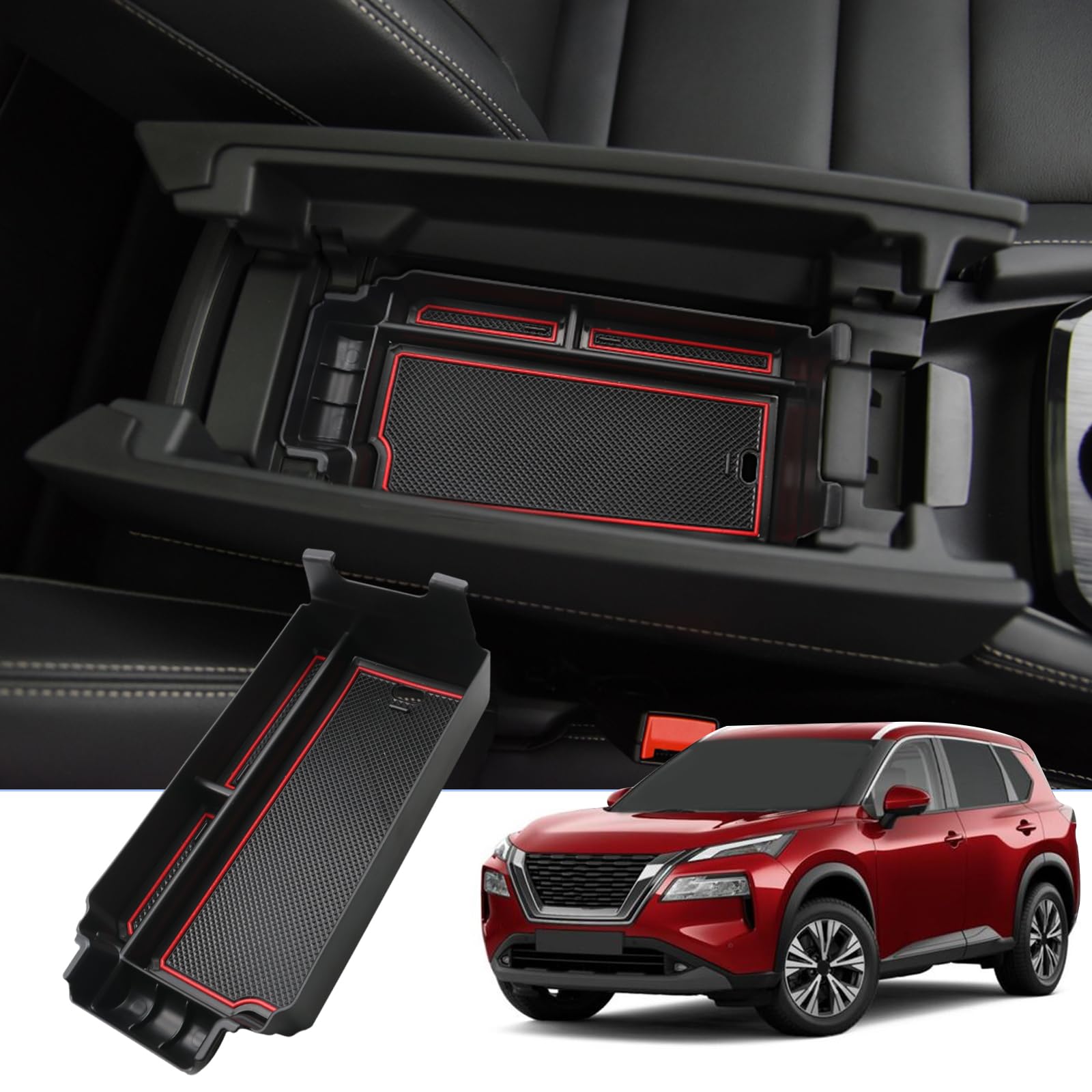 BIXUAN T33 kompatibel mit Nissan X-Trail T33 4 Gen 2022 2023 2024 Mittelkonsole Aufbewahrungsbox mit Rutschfester Matte Ablagefach zubehör,Armlehne Organizer Tray Mittelarmlehne Handschuhfach Rot von BIXUAN