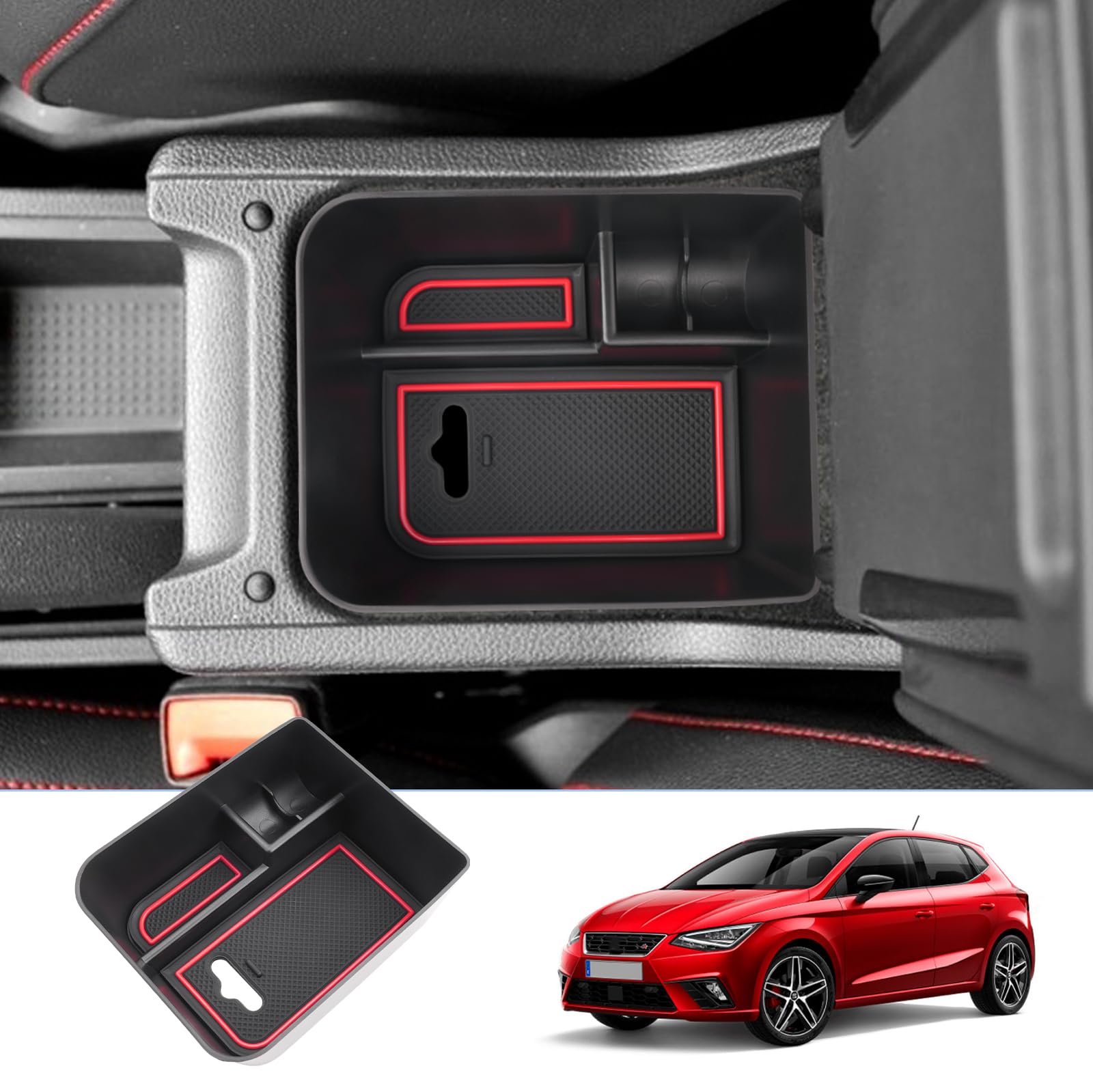 BIXUAN kompatibel mit SEAT Ibiza Typ 6F 2018-2024 Arona SUV 2017-2024 Mittelkonsole Aufbewahrungsbox Rutschfester Matte Ablagefach Zubehör Armlehne Organizer Tray Mittelarmlehne Handschuhfach (Rot) von BIXUAN