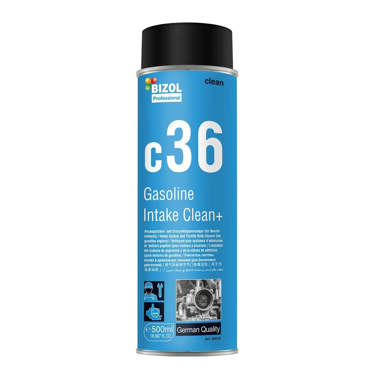 BIZOL Gasoline Intake Clean+ C36 Drosselklappenreiniger 500ml, Benzin Additiv, Systemreiniger für Starke Verschmutzungen an Injektoren, Ventilen von BIZOL