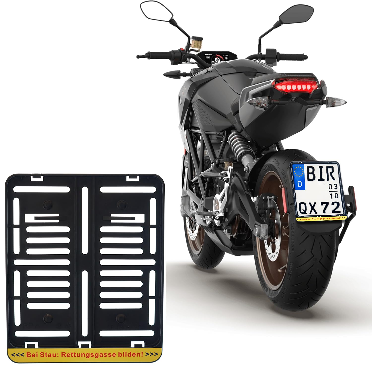 1x Kennzeichenhalter DE Für Kennzeichen im Format 180 x 200 mm 18 x 20 cm (für Motorrad Roller) BEI Stau : RETTUNGSGASSE BILDEN Gelb von BK-PowerTCS