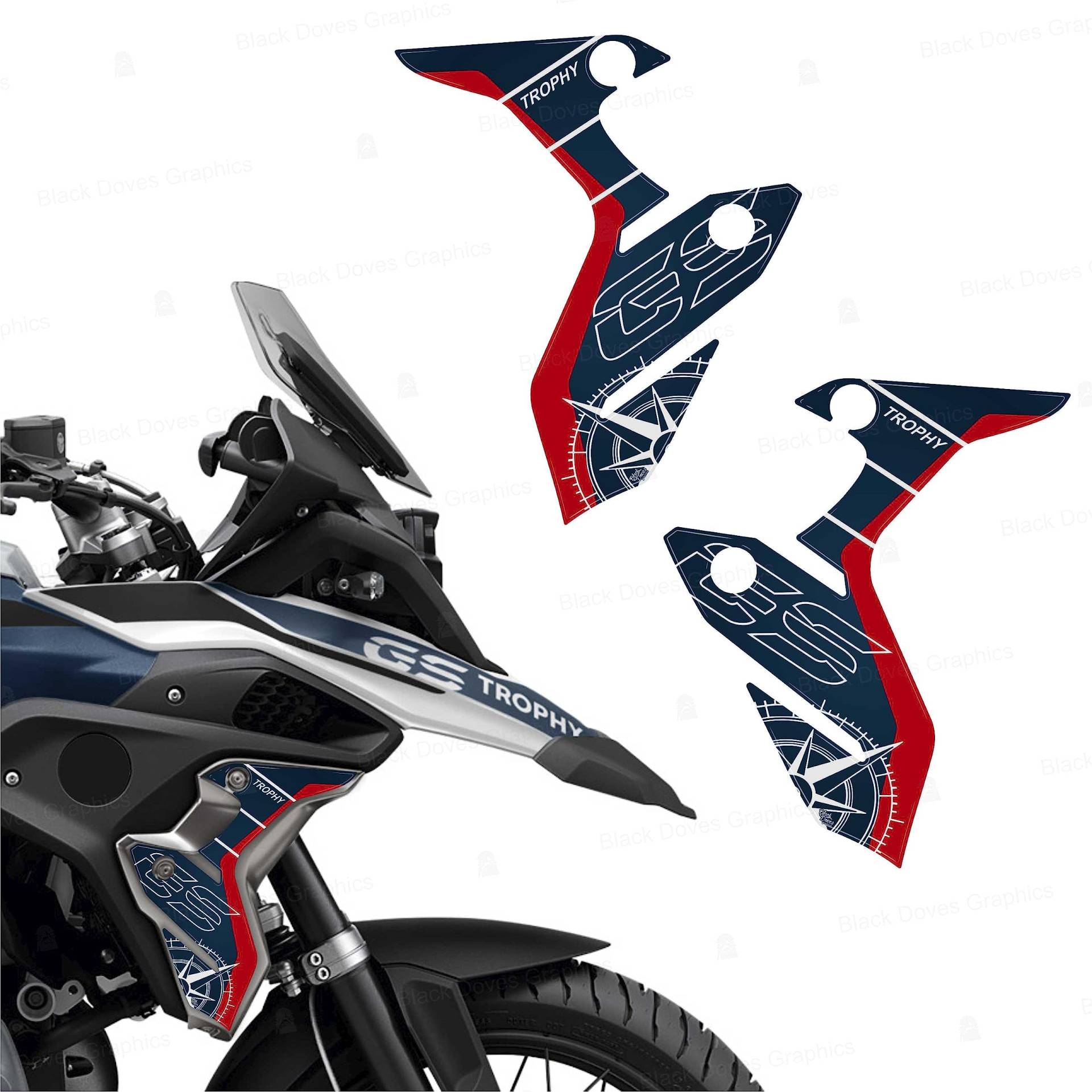 3D-Aufkleber für Seitenwangen aus Aluminium, kompatibel mit / Ersatz für BMW Motorrad R 1250 GS LC Standard Trophy von BLACK DOVES GRAPHICS