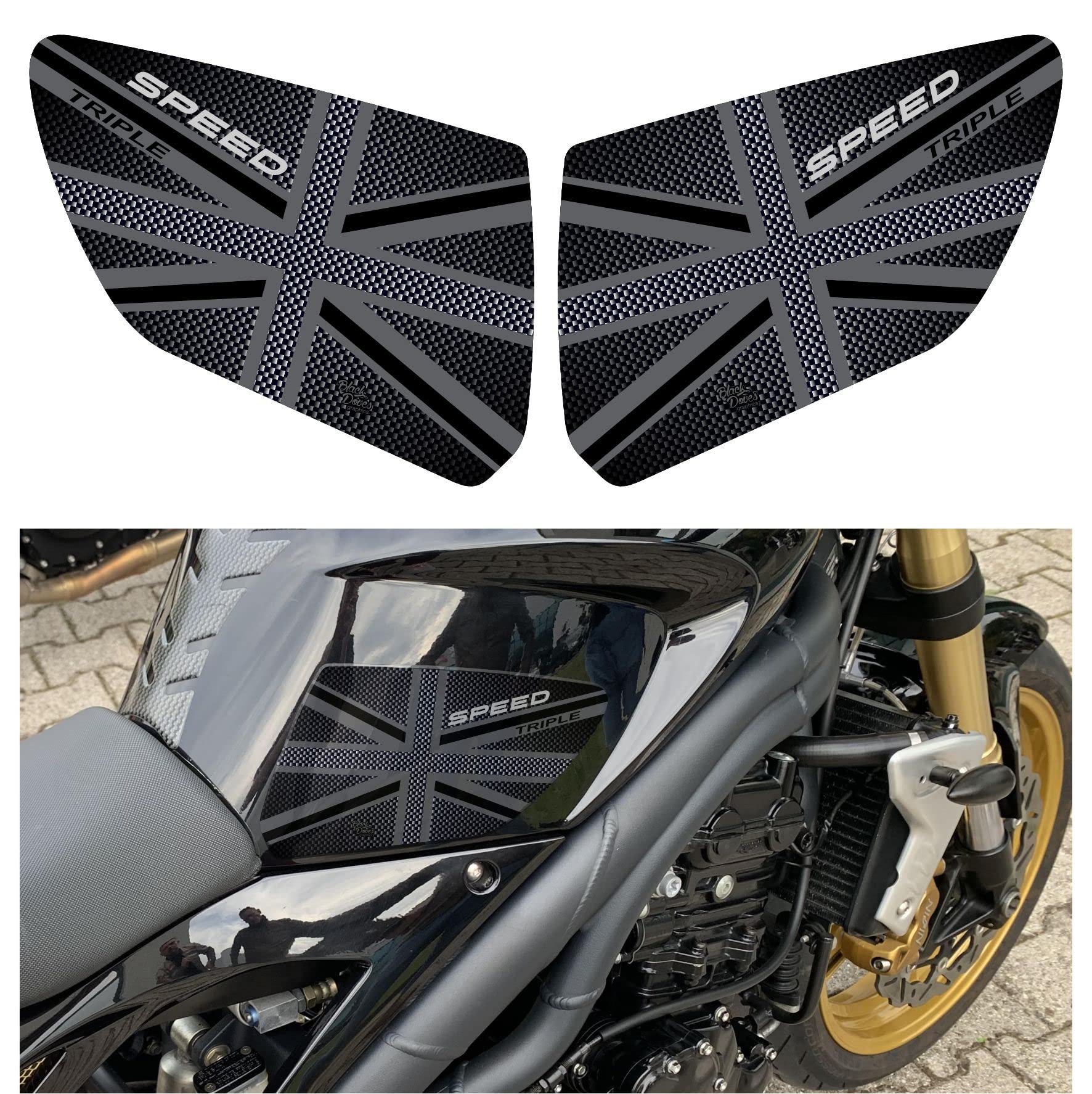 3D geharzte Aufkleber Seitenschutz Tank kompatibel mit Triumph Speed Triple RS bis 2013 (schwarz) von BLACK DOVES GRAPHICS