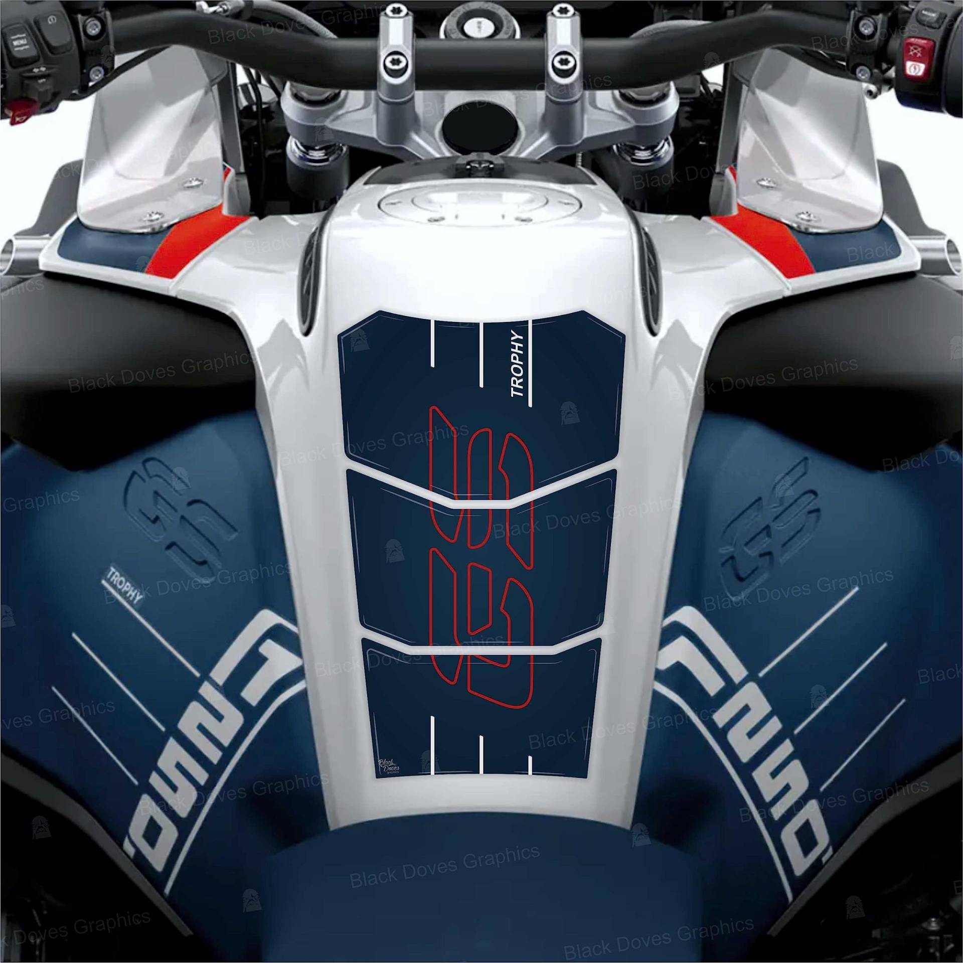 BLACK DOVES GRAPHICS Tankpad 3D kompatibel mit Motorrad R 1250 GS Adventure Trophy ab 2022 bis 2023 (Blau-Rot) von BLACK DOVES GRAPHICS