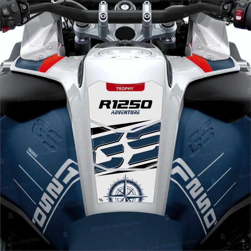 BLACK DOVES GRAPHICS Tankpad 3D kompatibel mit Motorrad R 1250 GS Adventure Trophy von 2022 bis 2023 (weiß-blau) von BLACK DOVES GRAPHICS