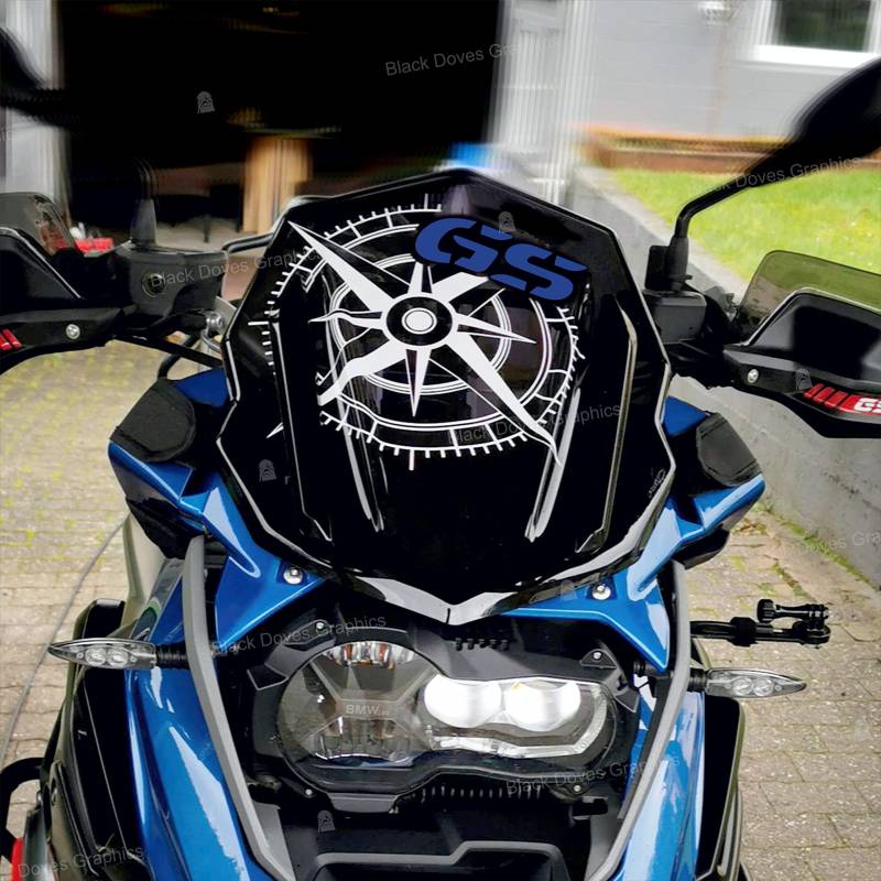 Kompass Aufkleber für Windschutzscheibe Motorrad F650 f700 f750 f800 f850 f850 r1100 r1150 r1200 r1250 GS (weiß-blau) von BLACK DOVES GRAPHICS