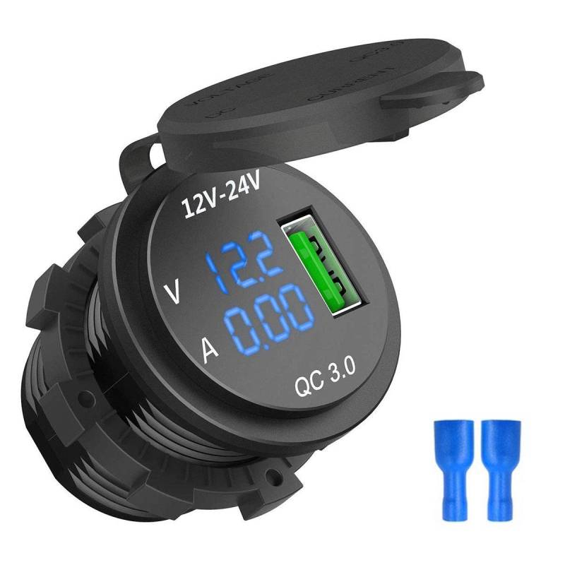 BLASHRD 12 V / 24 V Schnell Ladung 3,0 Auto Zigaretten Anzünder USB Ladegerät Led Voltmeter Amperemeter Schwarz Und Blau von BLASHRD