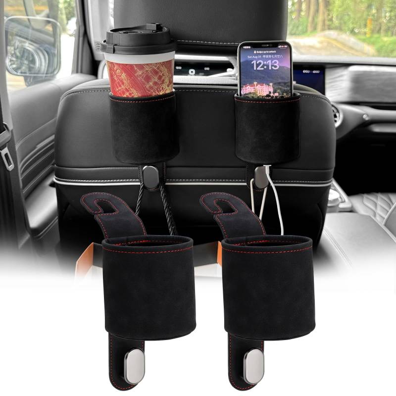 BLINGOOSE Auto Getränkehalter für Kopfstütze Haken Rücksitz für 3,15-Zoll-Flaschen Multifunktionale Backseat Taschen Aufbewahrung Hooks Holders Mit Ladeloch Organizer Universal Schwarz 2 Stück von BLINGOOSE