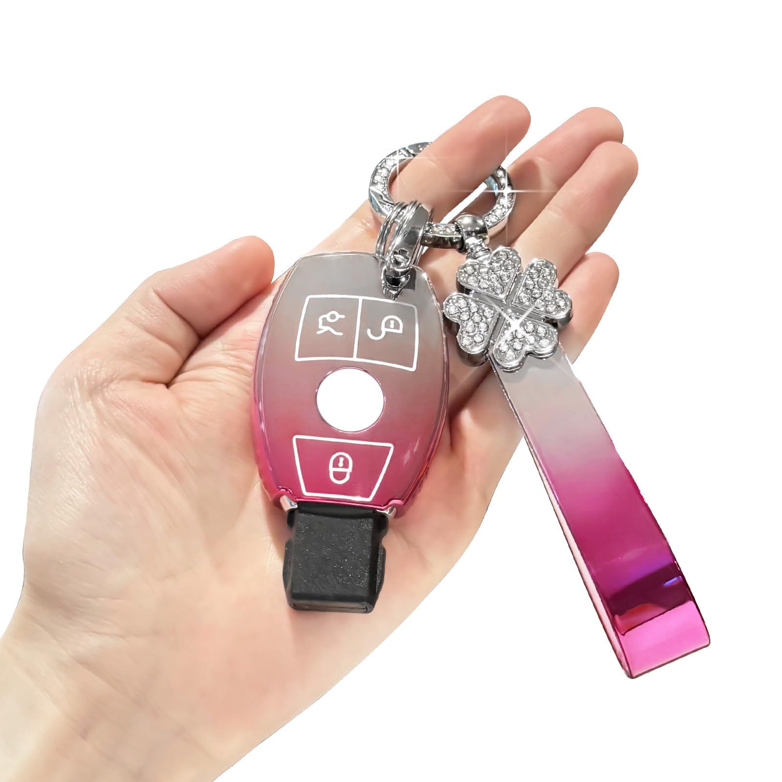 BLINGOOSE Auto Schlüssel Hülle für Mercedes Benz 3 Tasten AMG C 300 CLA CLS GLE GLA GLC GLS GLK G E S ML Glitzer Schlüsselanhänger Auto Schlüsselgehäuse Schutzhülle Frauen Girly TPU Rosa Farbverlauf von BLINGOOSE