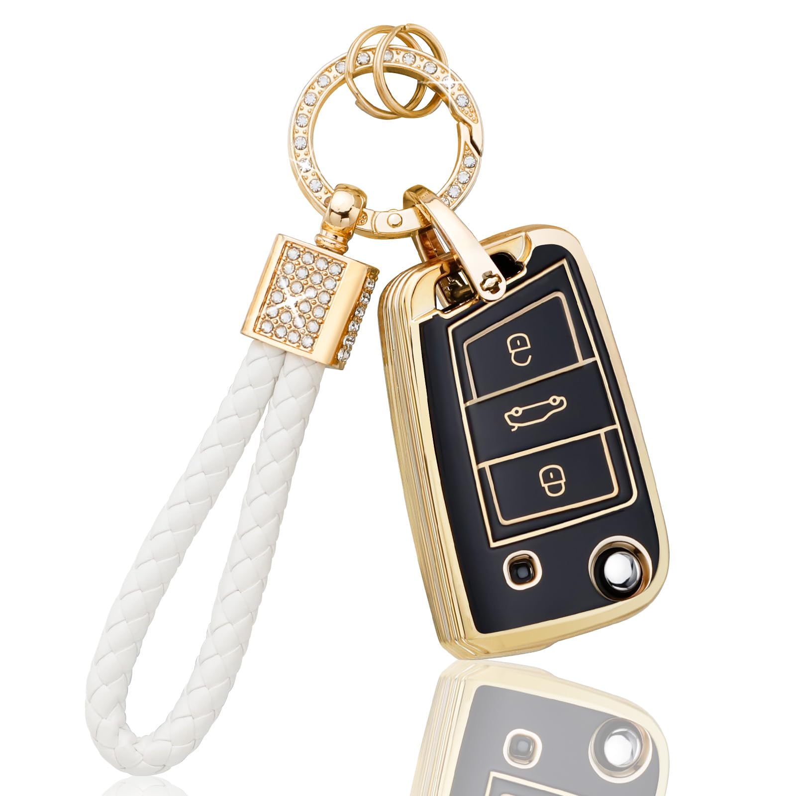 BLINGOOSE Schlüssel Hülle für VW Volkswagen Polo Tiguan Golf 7 MK7 Touran T ROC Cross Taigo 3 Tasten Auto Schlüsselcover Schlüsselbox Schlüsselgehäuse Zubehör Glitzer Keychain Schwarz Gold TPU von BLINGOOSE