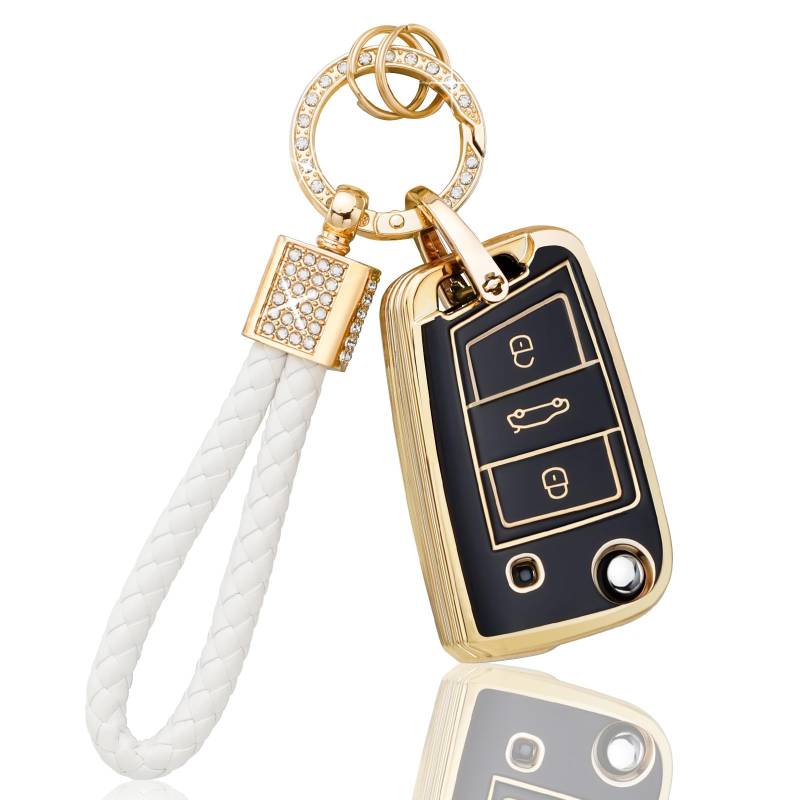 BLINGOOSE Schlüssel Hülle für VW Volkswagen Polo Tiguan Golf 7 MK7 Touran T ROC Cross Taigo 3 Tasten Auto Schlüsselcover Schlüsselbox Schlüsselgehäuse Zubehör Glitzer Keychain Schwarz Gold TPU von BLINGOOSE