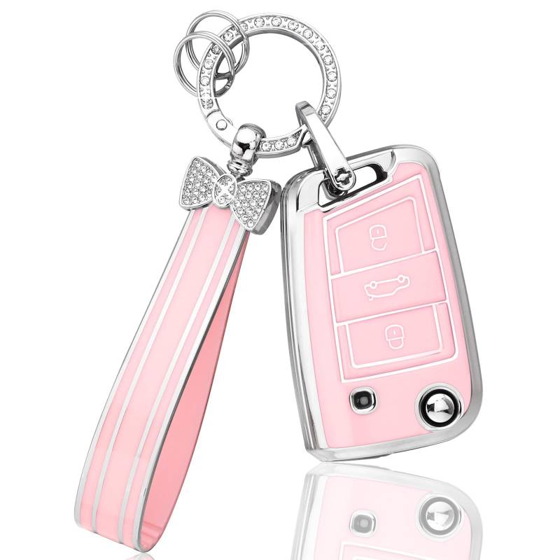 BLINGOOSE Schlüsselhülle Cover für VW Volkswagen Polo Golf 7 MK7 Tiguan Touran T ROC Cross Taigo 3 Tasten Auto Schlüsselcover Schlüsselgehäuse Glitzer Schlüsselanhänger Frauen Girly Rosa Silber TPU von BLINGOOSE