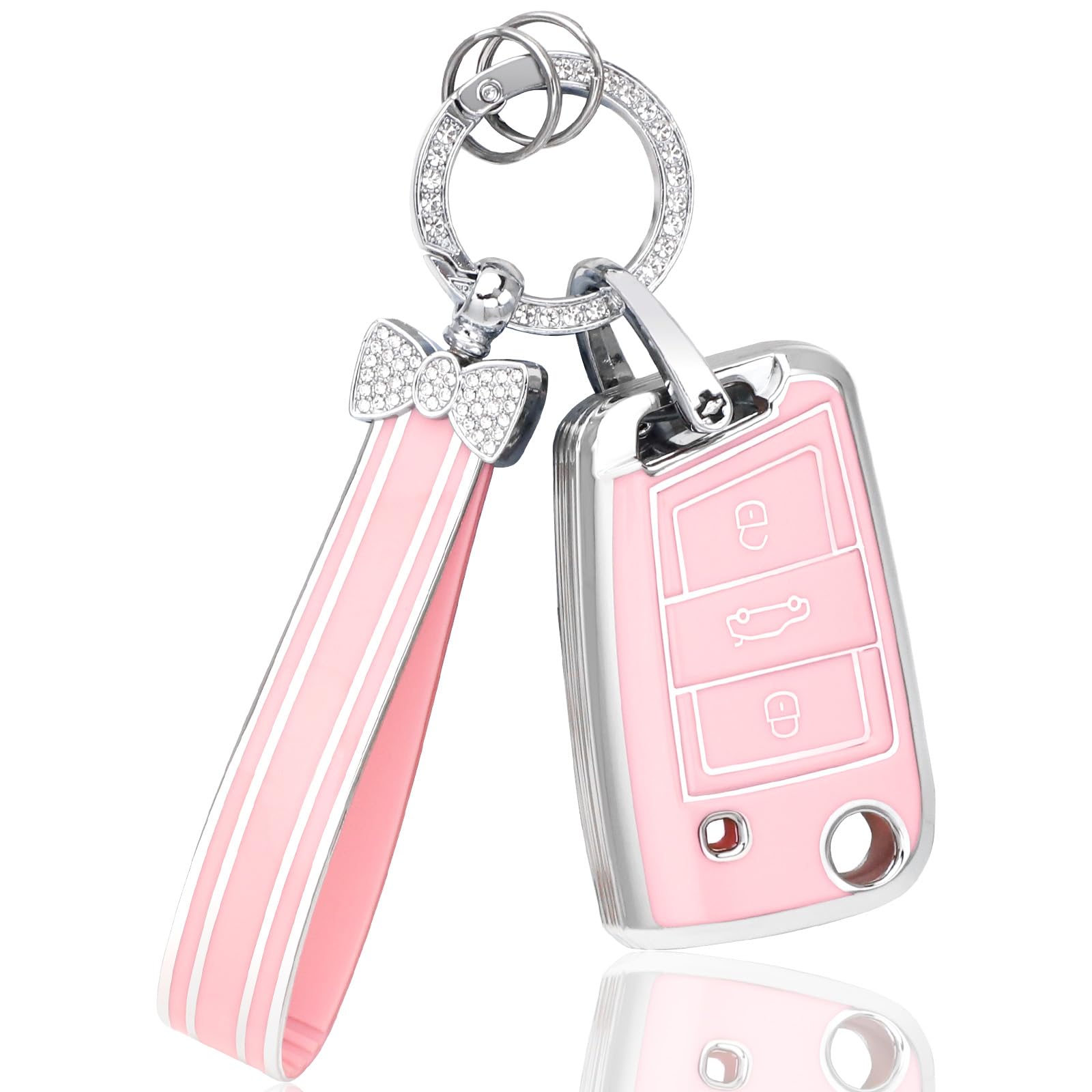 BLINGOOSE Schlüsselhülle für VW Volkswagen Tiguan Polo T ROC Cross Golf 7 MK7 Touran Taigo Rosa Key Zubehör 3 Tasten Autoschlüssel Schlüsselgehäuse Schutz Glitzer Schlüsselanhänger TPU Girly Frauen von BLINGOOSE