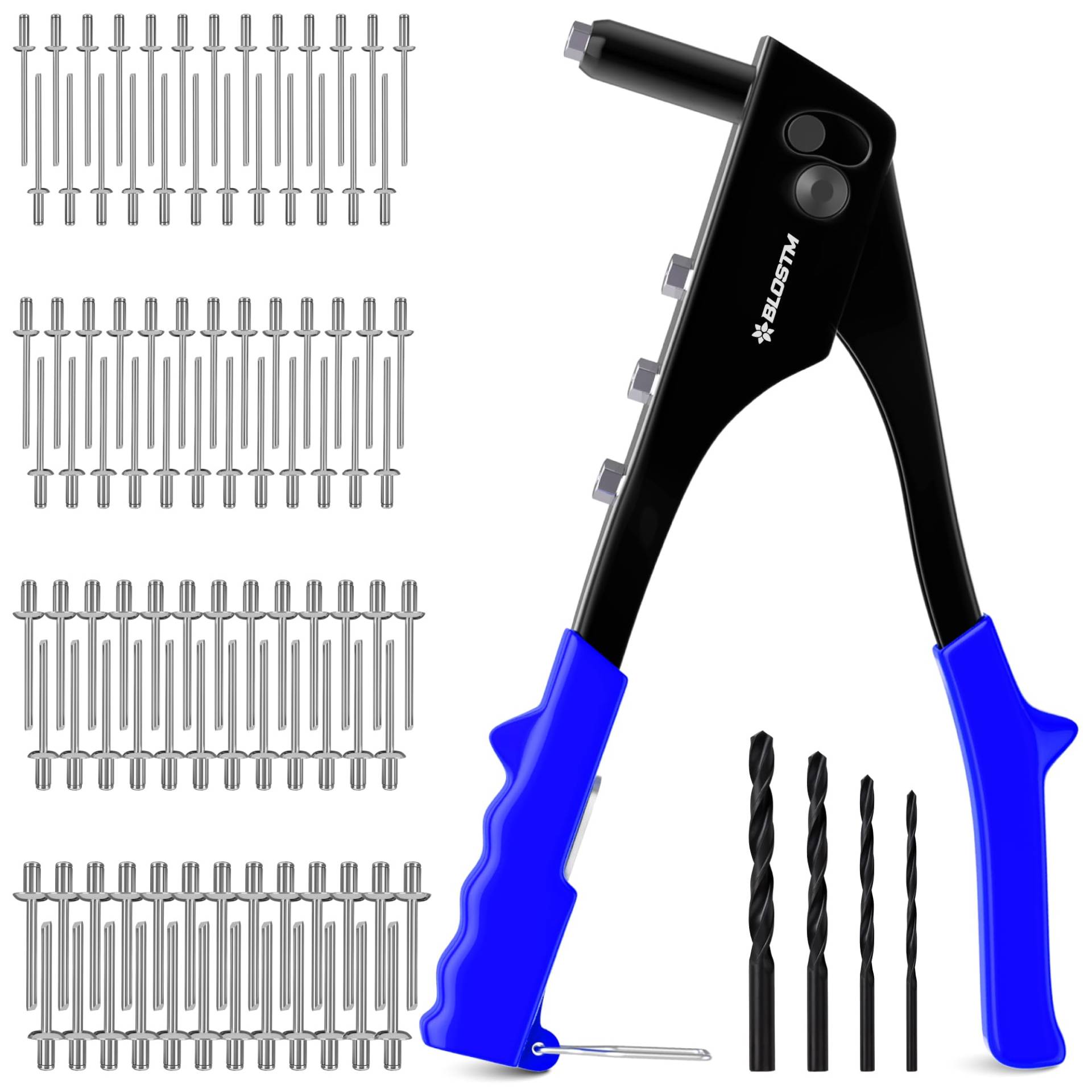 BLOSTM Nietpistolen-Set – 100 Stück Nieten in 4 Größen (2,4 mm, 3,2 mm, 4 mm, 4,8 mm), Pop-Nietzange mit 4 Nietdüsen, für Metall, Kunststoff, Autoreparaturen (blau) von BLOSTM