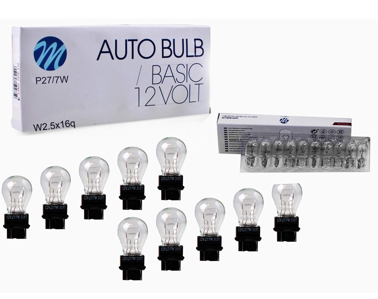 BLUETECH 20 Stück Set 10 x P27/7 W 3157 Autolampen Halogenlampen LongLife 12V 27/7W W2,5x16q US Lampen Stopplampen,Rücklicht + 10 x W5W als Standlicht von BLUETECH