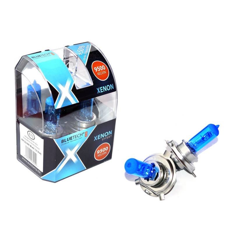 BLUETECH H4 55/60W 12V 9500K Xenon Effekt Auto Abblendlicht Fernlicht Glühlampen2er Set mit StVZO Zulassung von BLUETECH