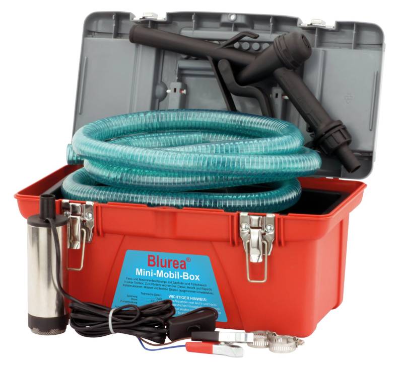 BLUREA Mobile Tankstellen Box mit Tauchpumpe, manueller Zapfpistole und 3m Schlauch mit Schlauchtülle, 12V 18l/min, 230W, Geräusche-Schutzklasse IP55 70db von BLUREA