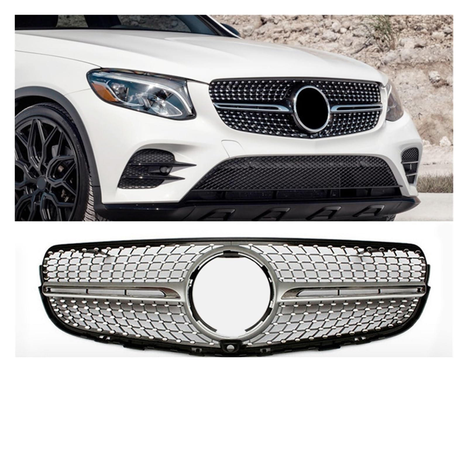 Auto Black GT Diamond Grille kompatibel for Mercedes Benz GLC-Klasse X253 2015 2016 2017 2018 2019(DIAMOND SIL) von BMKUUOSJ