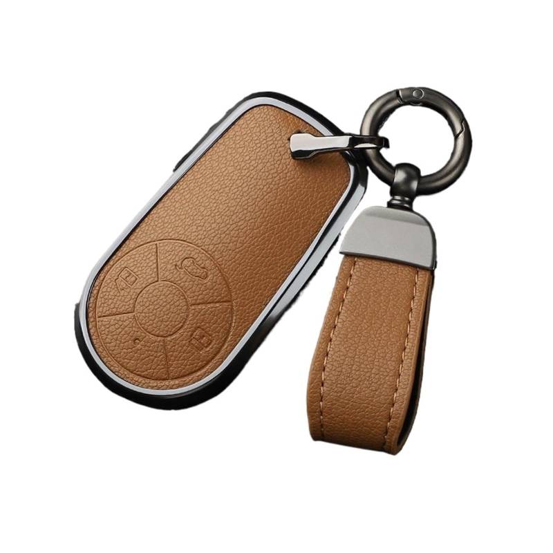 Autoschlüsseletui aus Aluminiumlegierung mit Ziegenleder, kompatibel mit Greatwall Ora R1 R2, Good Cat GT, Lightning Cat, Ballet Cat, White Cat, IQ-Schlüsselbund(Brown-lanyard strap) von BMKUUOSJ