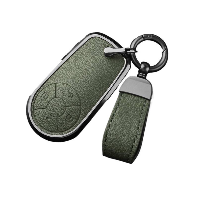 Autoschlüsseletui aus Aluminiumlegierung mit Ziegenleder, kompatibel mit Greatwall Ora R1 R2, Good Cat GT, Lightning Cat, Ballet Cat, White Cat, IQ-Schlüsselbund(Green-lanyard strap) von BMKUUOSJ