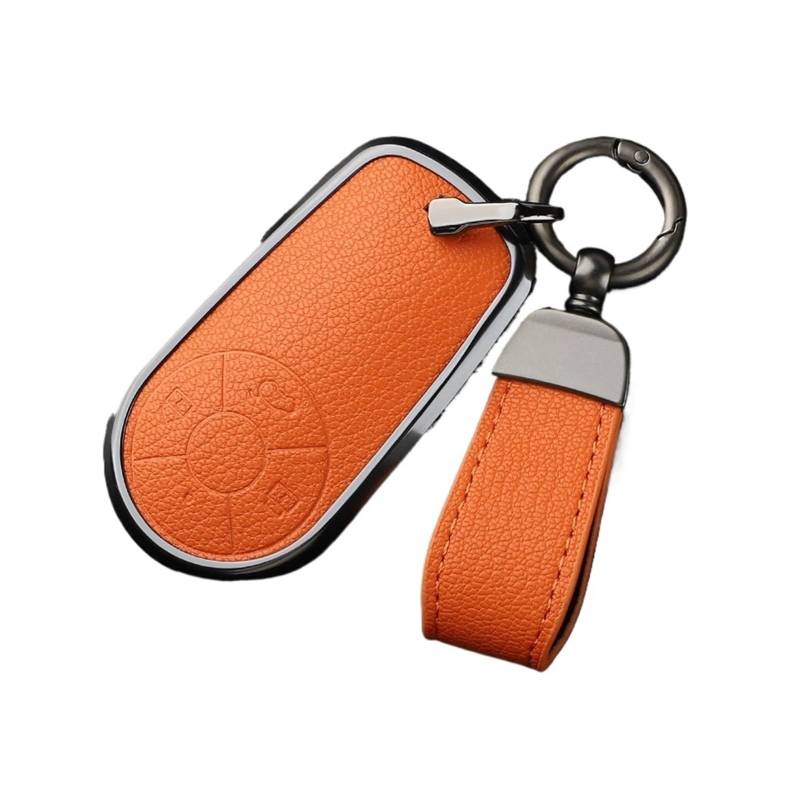 Autoschlüsseletui aus Aluminiumlegierung mit Ziegenleder, kompatibel mit Greatwall Ora R1 R2, Good Cat GT, Lightning Cat, Ballet Cat, White Cat, IQ-Schlüsselbund(Orange-lanyard strap) von BMKUUOSJ