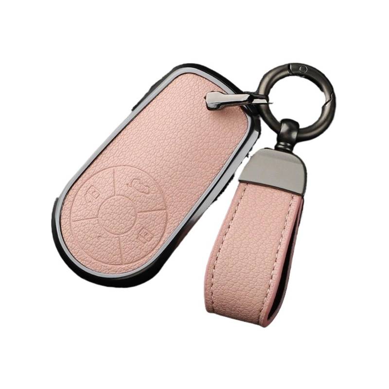 Autoschlüsseletui aus Aluminiumlegierung mit Ziegenleder, kompatibel mit Greatwall Ora R1 R2, Good Cat GT, Lightning Cat, Ballet Cat, White Cat, IQ-Schlüsselbund(Pink-lanyard strap) von BMKUUOSJ