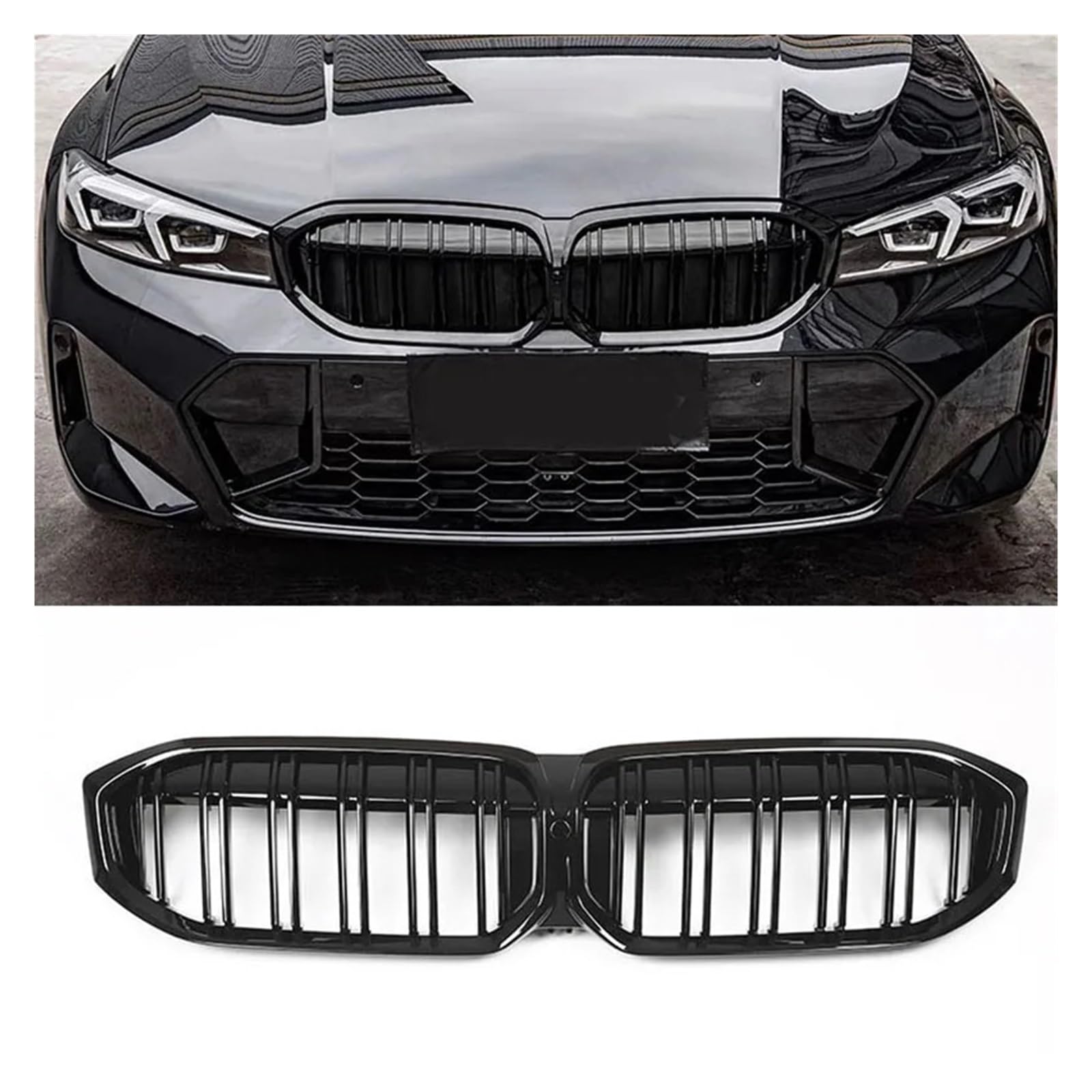 Glänzend schwarzer Frontstoßstangengrill, kompatibel for BMW 3er G20 LCI 2023–2024, 320i, 325i, 330i, ABS-Ersatzgrills, Auto-Styling(Double line) von BMKUUOSJ