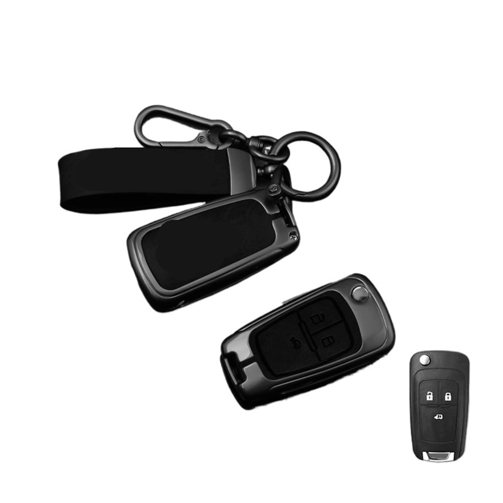 Leder-Autoschlüsseletui, Hülle, Schalenhalter, vollständiger Schutz, Schlüsselanhänger, kompatibel mit Chevrolet Cruze Aveo Trax Sail Malibu 2010–2020, Zubehör(G-black keyring) von BMKUUOSJ