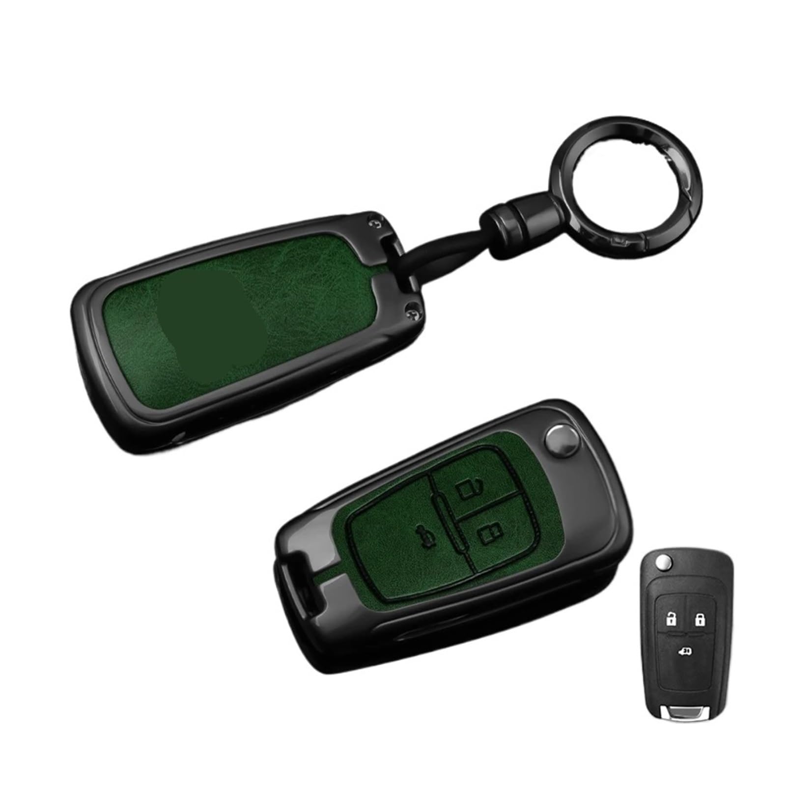 Leder-Autoschlüsseletui, Hülle, Schalenhalter, vollständiger Schutz, Schlüsselanhänger, kompatibel mit Chevrolet Cruze Aveo Trax Sail Malibu 2010–2020, Zubehör(G-green keychain) von BMKUUOSJ