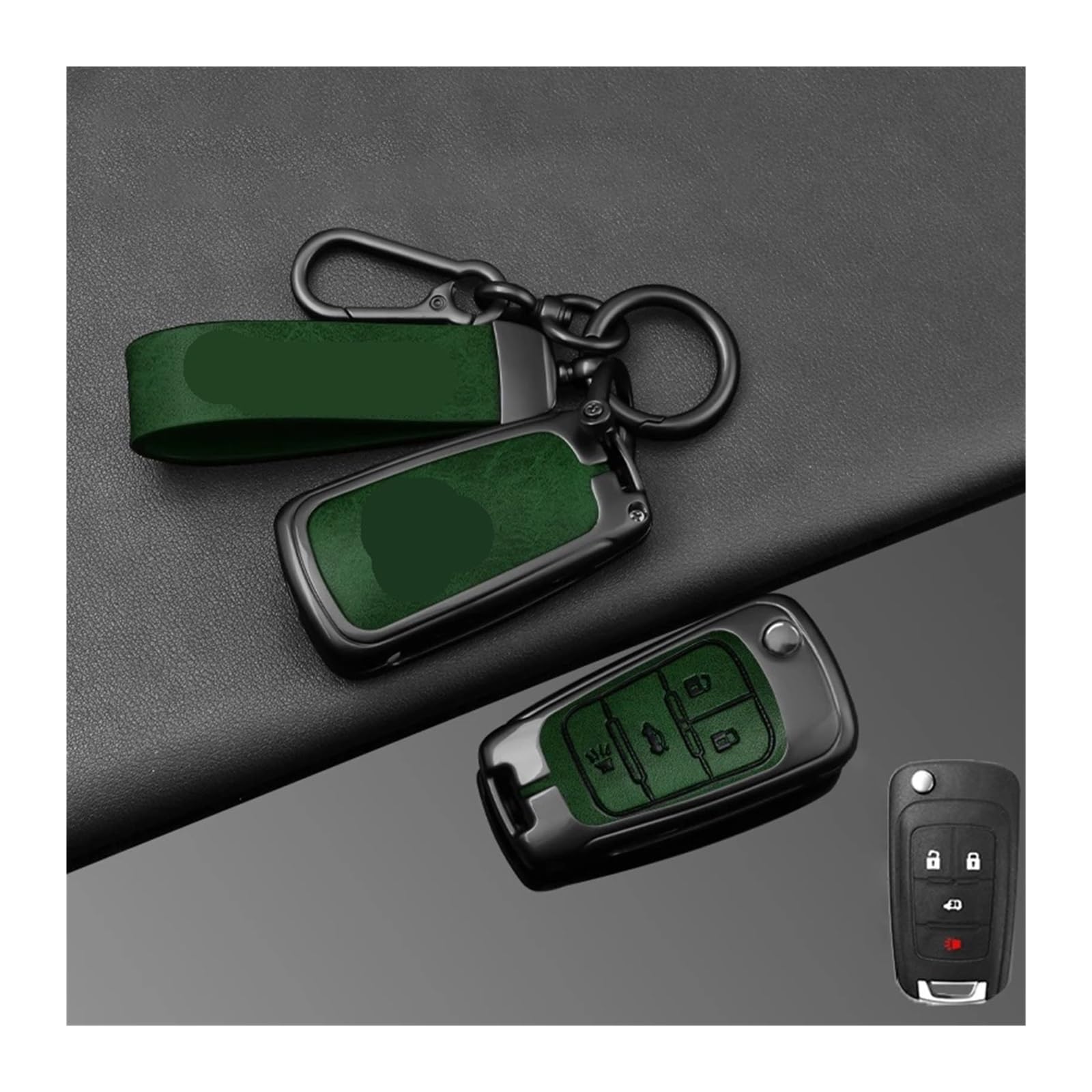 Leder-Autoschlüsseletui, Hülle, Schalenhalter, vollständiger Schutz, Schlüsselanhänger, kompatibel mit Chevrolet Cruze Aveo Trax Sail Malibu 2010–2020, Zubehör(H-green keyring) von BMKUUOSJ