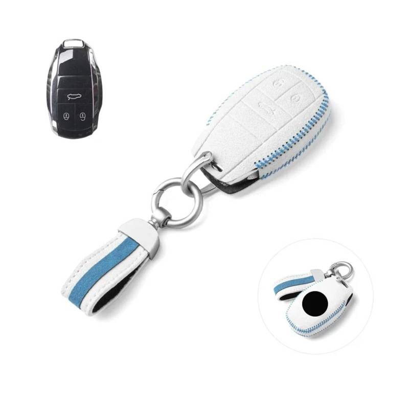 Wildleder Leder Auto Fernbedienung Smart Key Fob Fall Abdeckung Halter Tasche mit Schlüsselbund Kompatibel for Bentley Bentayga Flying Spur GT 2018(White Blue) von BMKUUOSJ