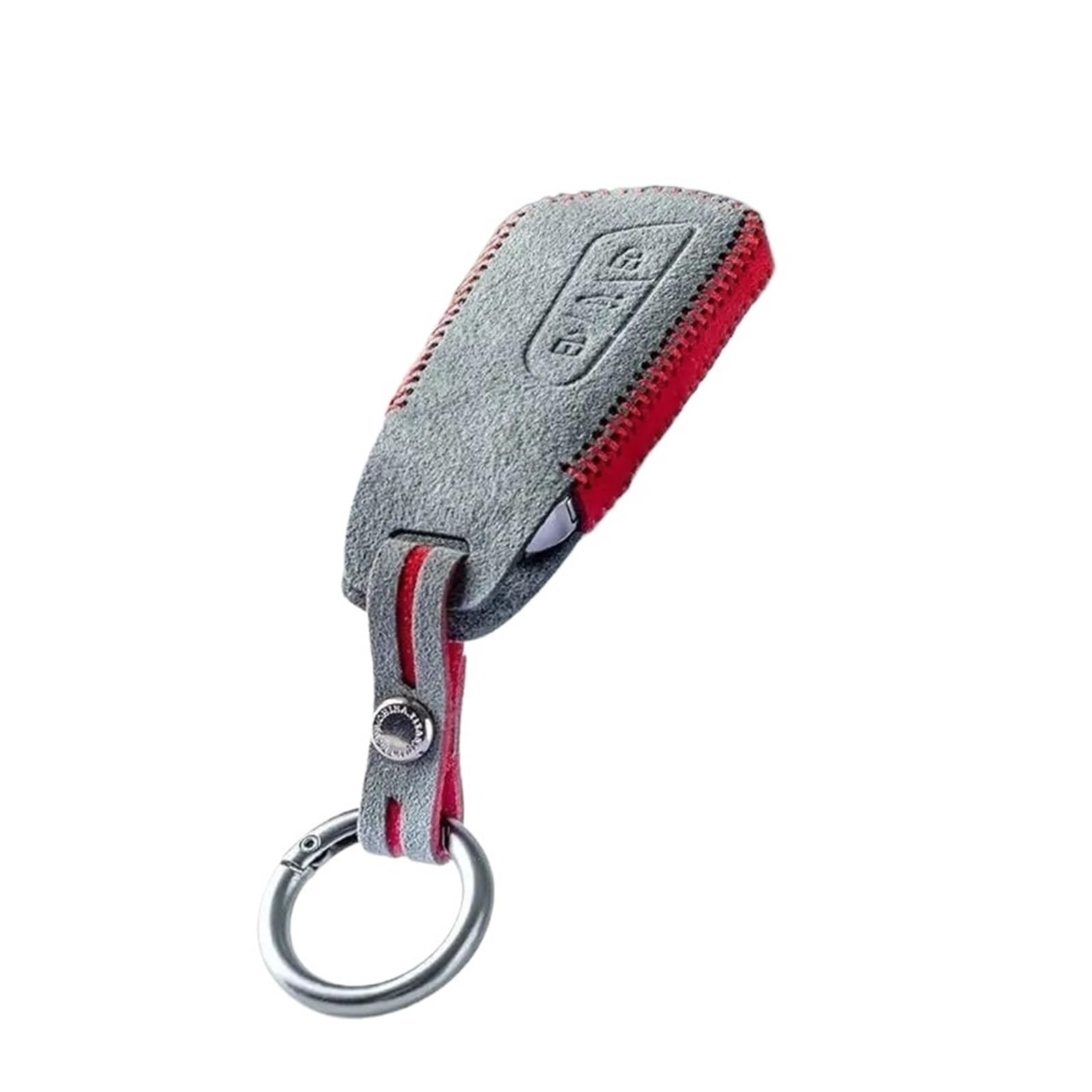 Wildleder Leder Auto Smart Remote Key Case Cover Halter Tasche mit Schlüsselbund kompatibel for VW Golf GTI MK8 ID.3 ID.4 2021-2023(Gray Red) von BMKUUOSJ