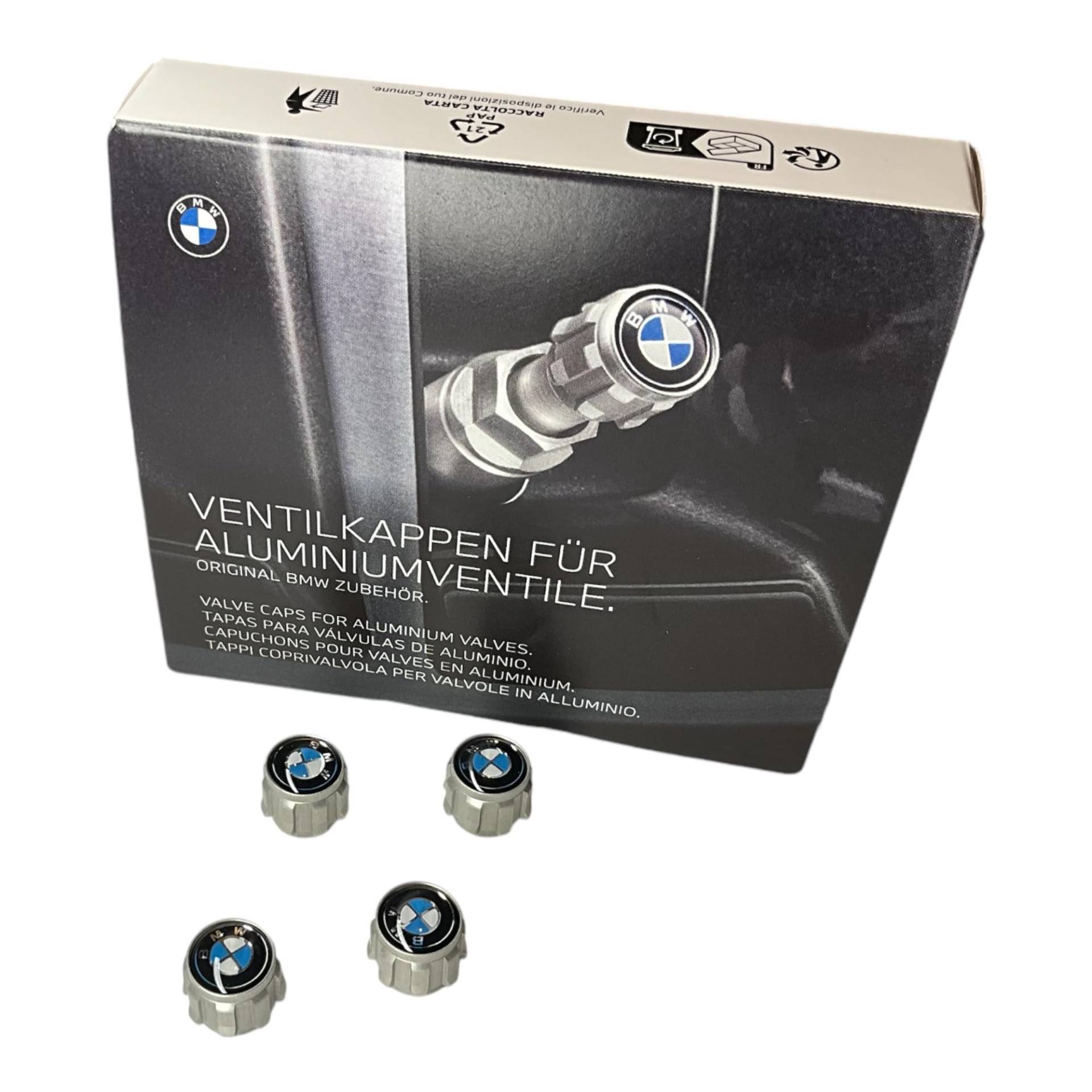 BMW Original BMW Logo Ventilkappen-Set, aus Aluminium, 4er-Set für Fahrzeuge mit Rdci, Schwarz, Silber von BMW