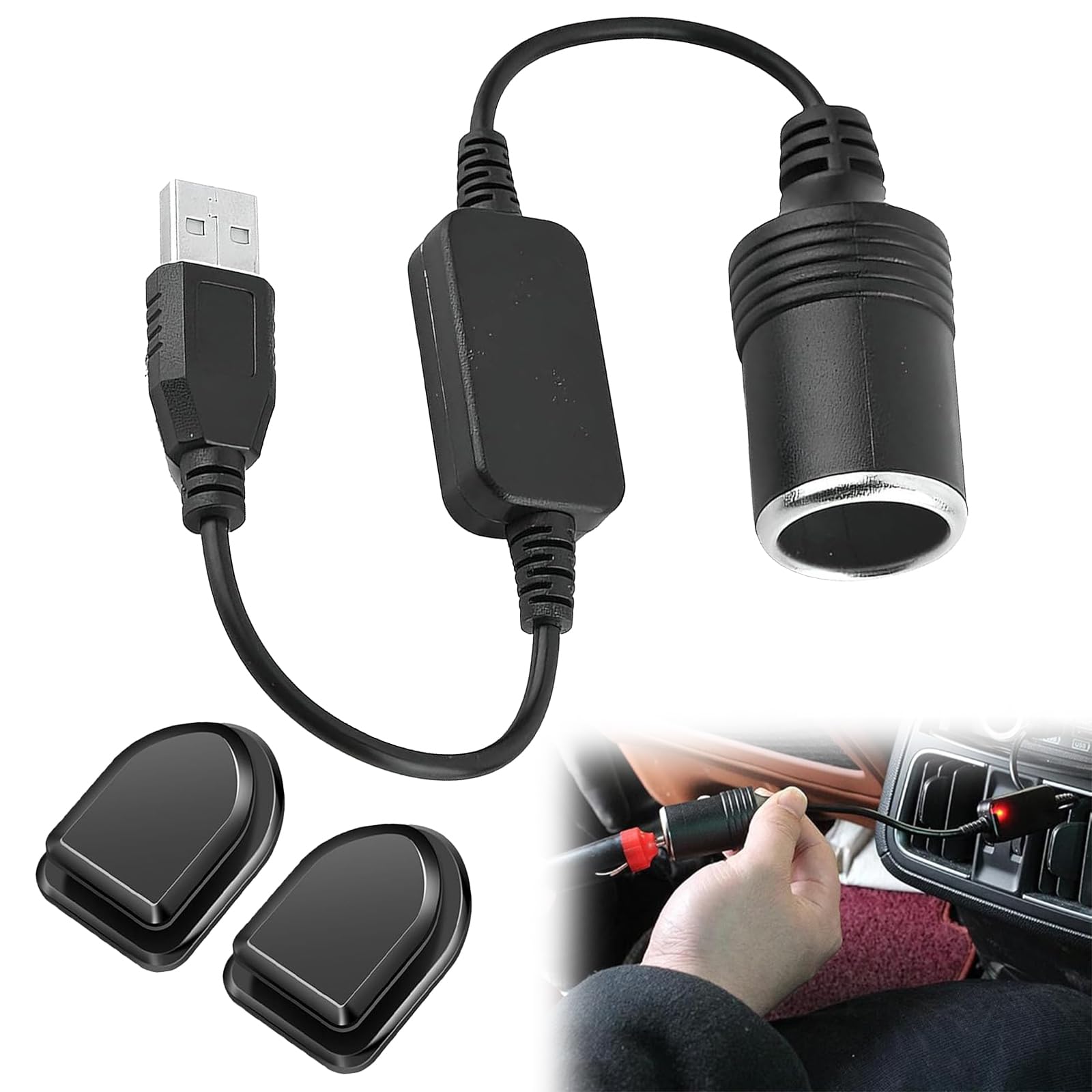 5V USB A Stecker auf 12V Zigarettenanzünder Weiblich Konverter, Auto Zigarettenanzünder Buchse Konverter, USB Auf Zigarettenanzünder mit 2 Mini Auto Haken, USB a Stecker 5V Auf 12V, 35 cm von BNOYONERAS