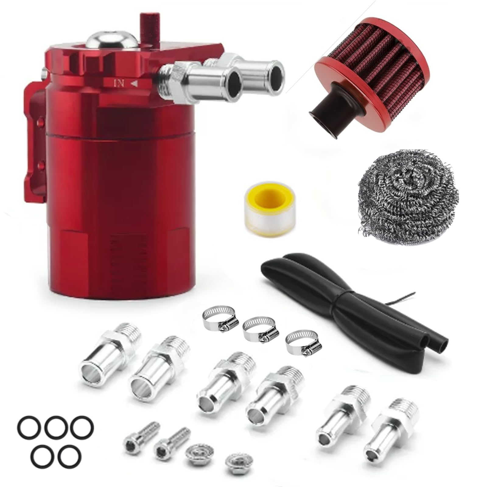 Oil Catch Tank, Auto Oil Tank Kann Kit Aluminium Ölauffangbehälter 350ml Rot Kraftstofftank Kann Öl Lagertank mit Luftfilter Schlauch Ersatzteile Zubehör Universal Auto Motor Öl Lagertank Ölkanne von BODYGAD