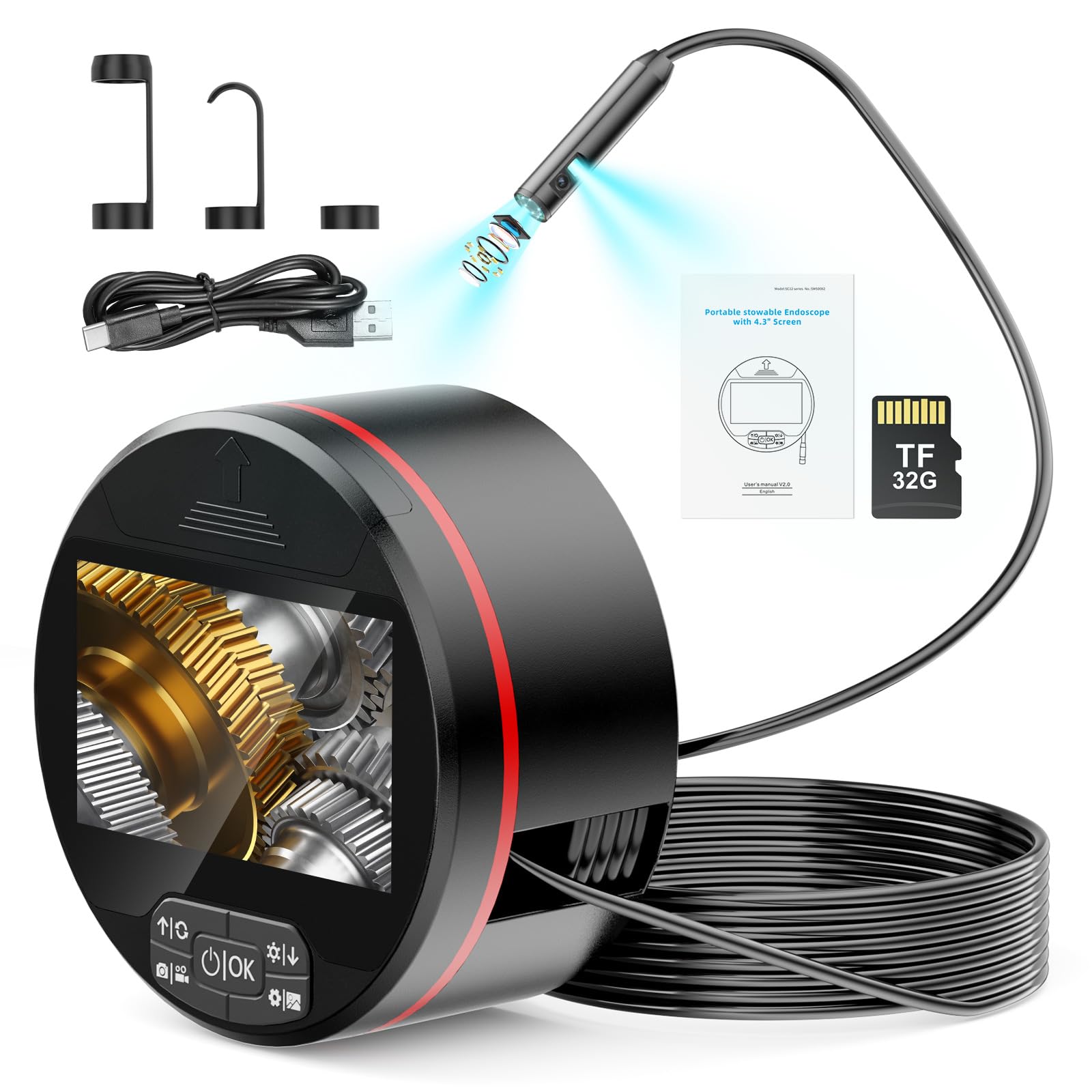 BOGYKIK Dual Lens Snake Inspection Endoskop, 4,3-Zoll-IPS-Bildschirm， Endoskopkamera mit Licht,10M Kabel Verstaubares boroskop, Industrielle Endoskop-Inspektionskamera Mit 8+1 LED Lampe，32G TF Karte von BOGYKIK