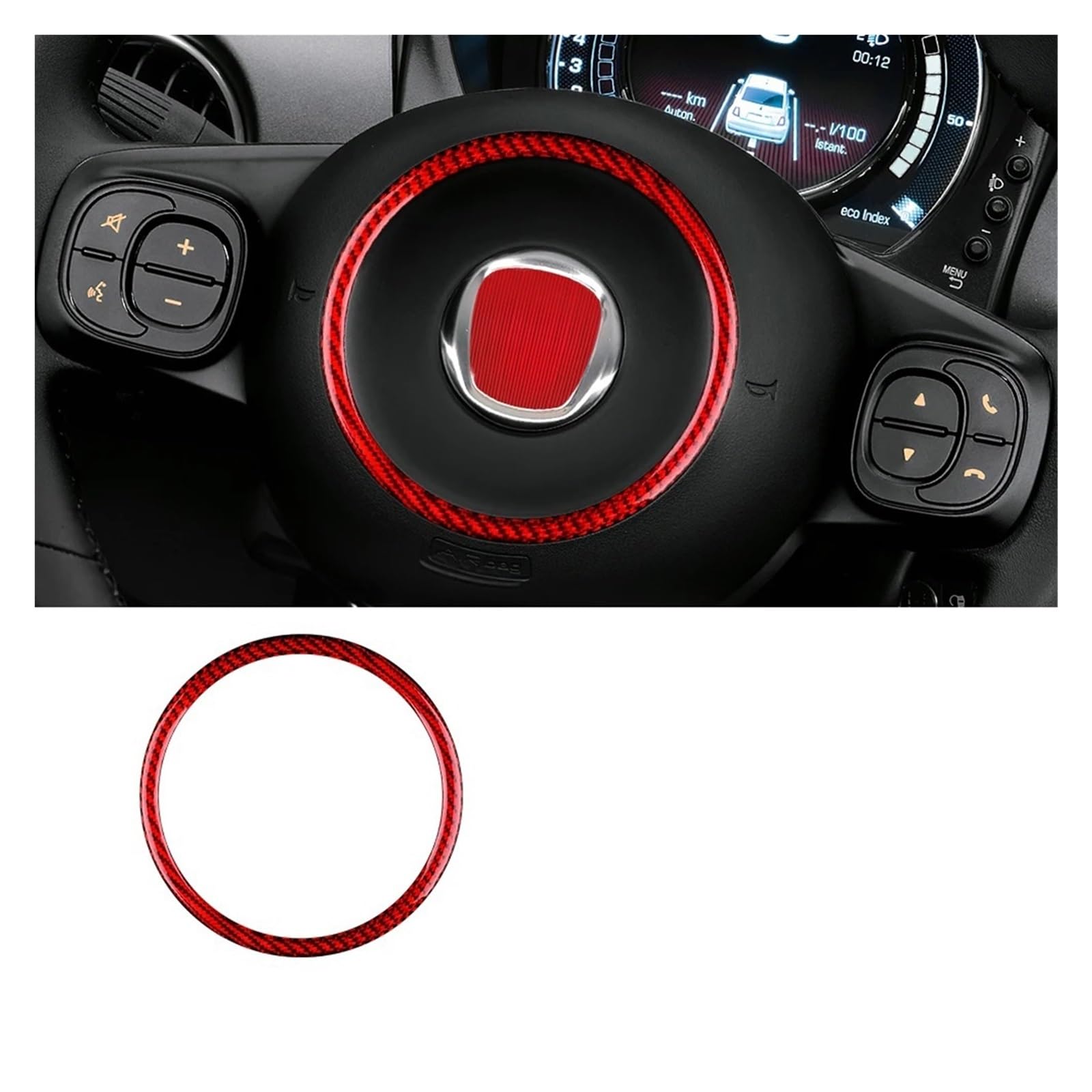 Auto Innen Zubehör Für Fiat 500 Für Abarth 595 695 2008-2021 2022 2023 Auto Lenkrad Center Interior Zubehör Harte Carbon Faser Aufkleber Auto Innenraum Zubehör(Outer Red) von BOHHO