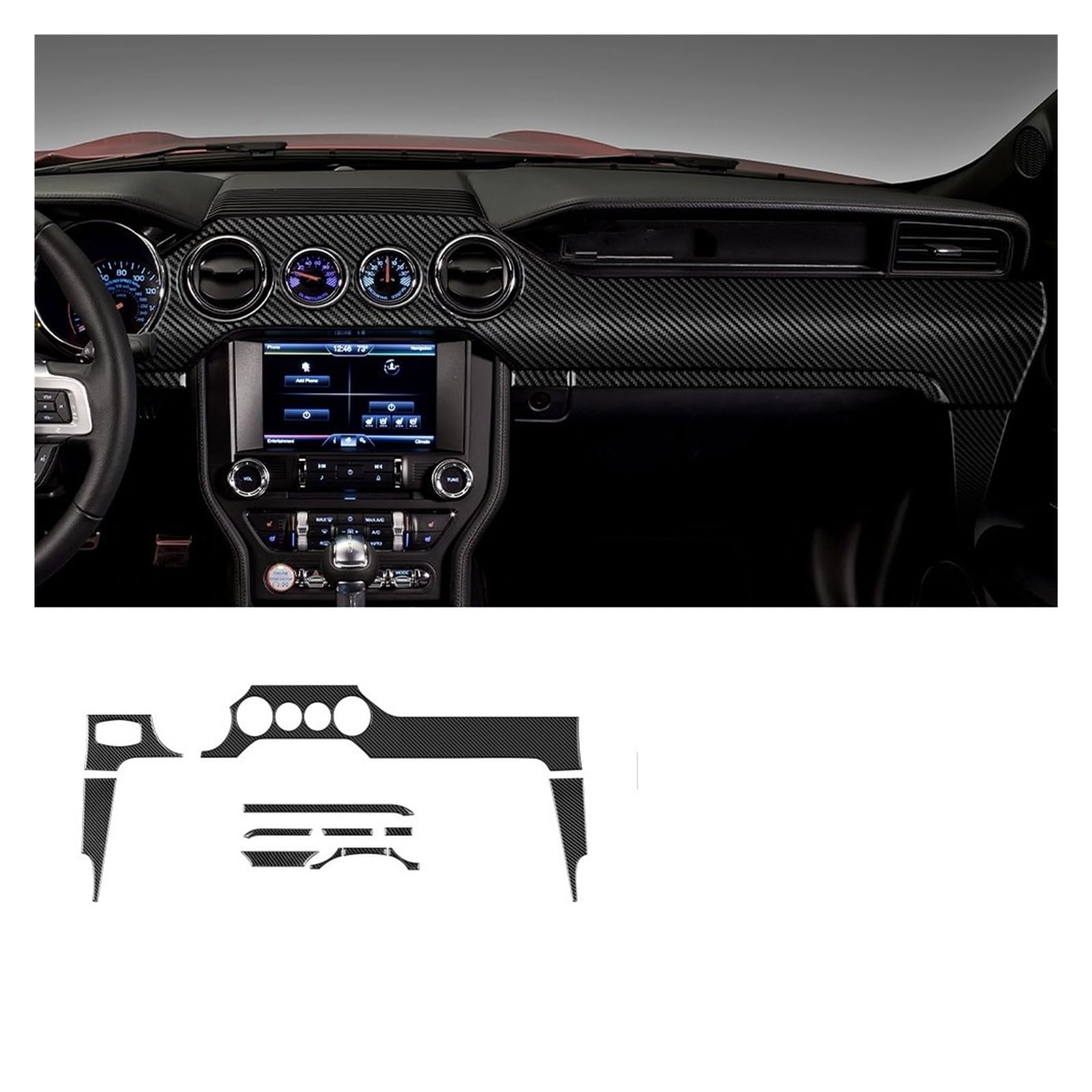 Auto Innen Zubehör Für Ford Für Mustang 2015 2016 2017 2018 2019 2020 2021 2022 Carbon Faser Auto Dashboard Panel Innen Trim Aufkleber RHD LHD Auto Innenraum Zubehör(4 holes LHD) von BOHHO