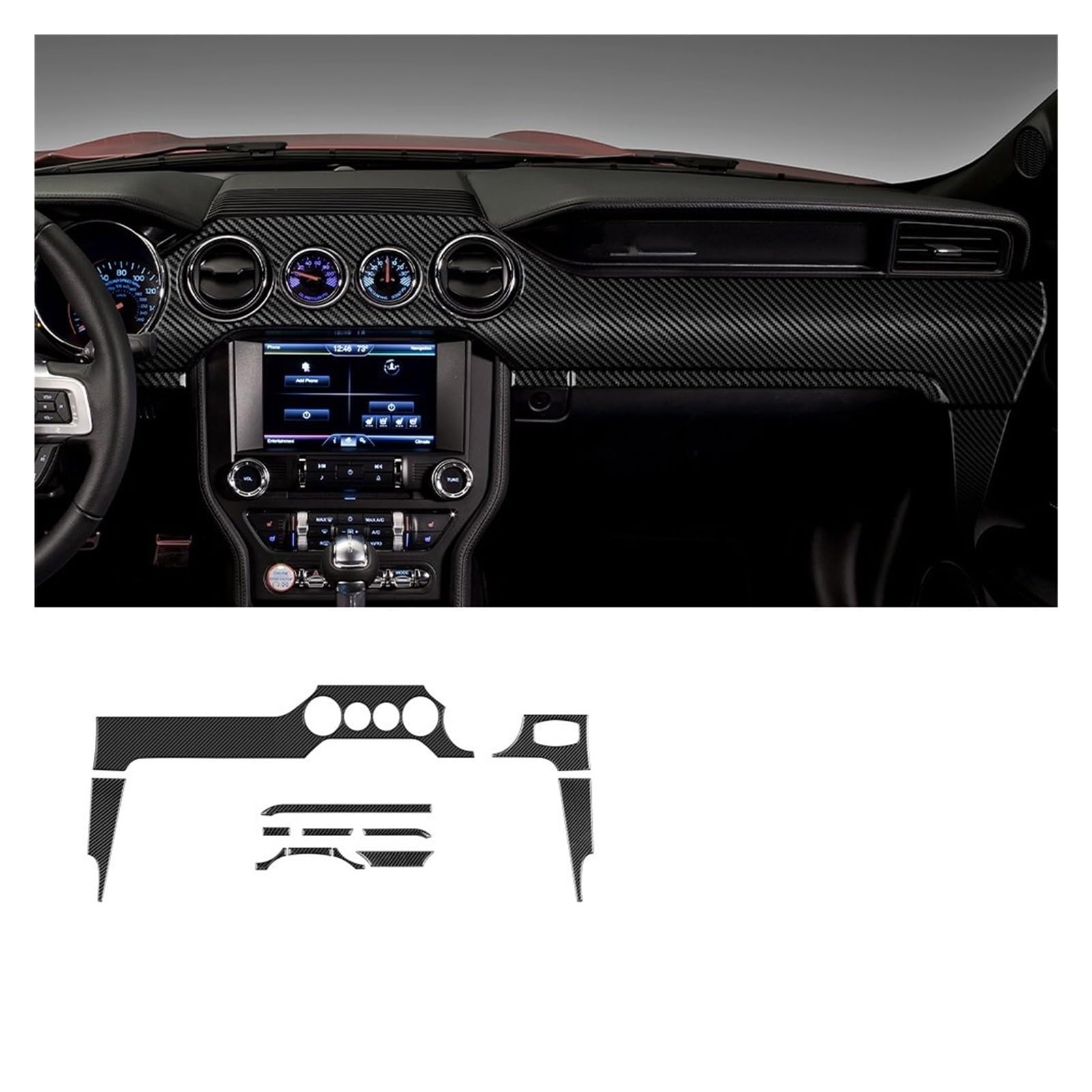 Auto Innen Zubehör Für Ford Für Mustang 2015 2016 2017 2018 2019 2020 2021 2022 Carbon Faser Auto Dashboard Panel Innen Trim Aufkleber RHD LHD Auto Innenraum Zubehör(4 holes RHD) von BOHHO