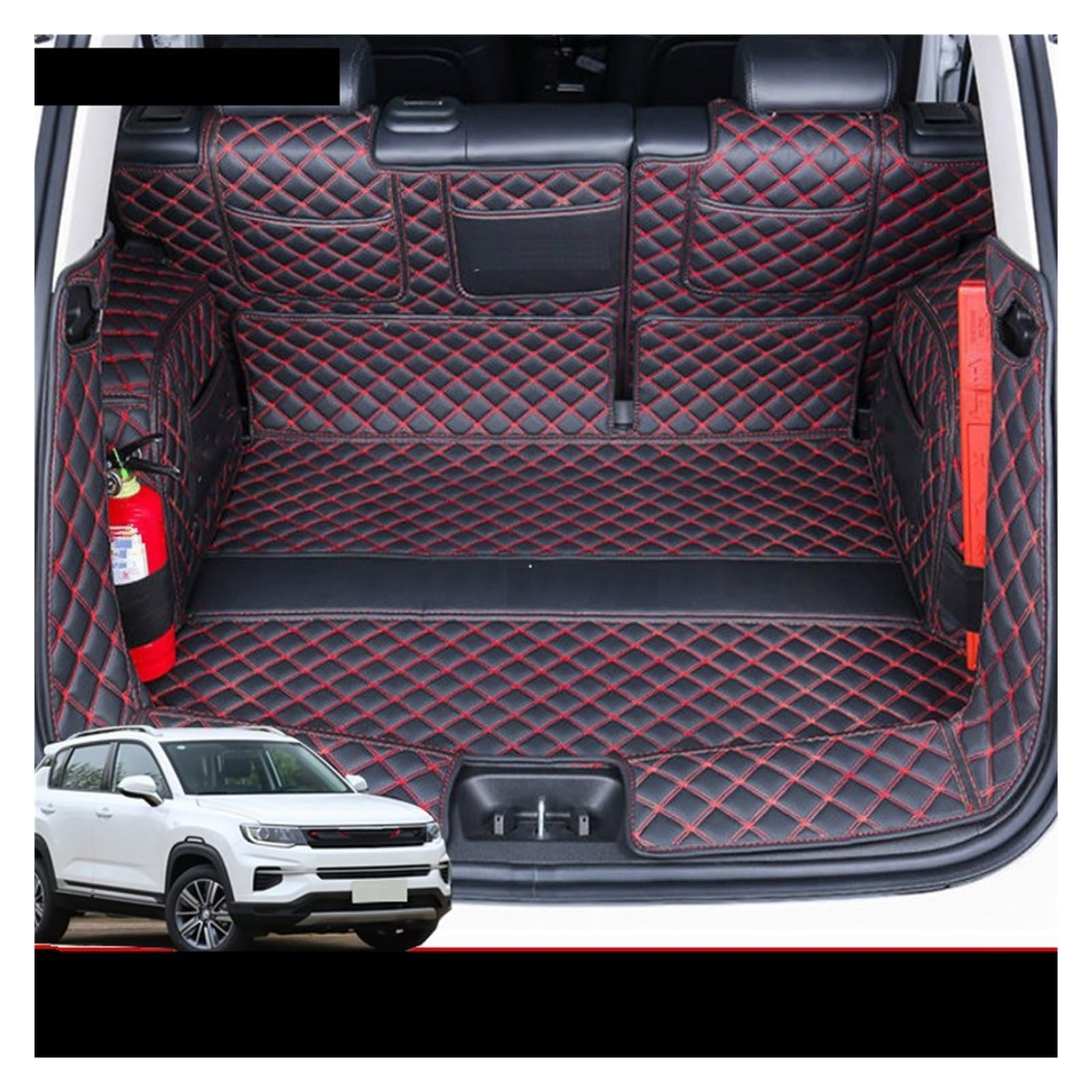 Kofferraummatte Für Changan CS35 Plus Stamm Matte Leder Langlebige Cargo-Liner Boot Teppiche Hinten Innen Dekoration Zubehör Volle Abdeckung Kofferraumwanne(B- Black red) von BOHHO