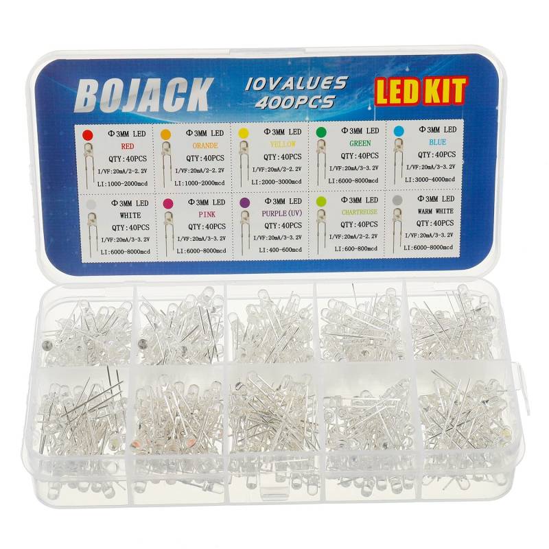 BOJACK 10 Farben 400 Stück 3 mm Lampe Dioden Sortiments Kit Pack (Transparent, 2 V - 3,2 V, 20 mA) Glühbirnenlampen Elektronik komponenten 3 mm Leuchtdioden von BOJACK