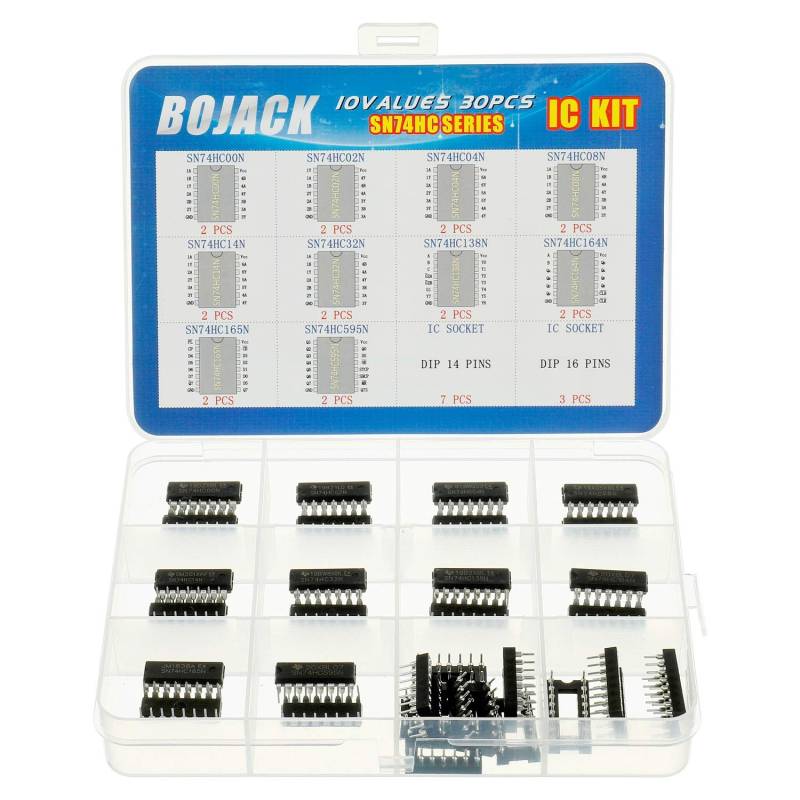 BOJACK 10 Werte 30 Stück IC-Chip des Serienschieber-Ausgangsregisterseinschließlich: 74HC00N 74HC02N 74HC04N 74HC08N 74HC14N 74HC32N 74HC138N 74HC164N 74HC165N 74HC595N IC Sortiments kit von BOJACK