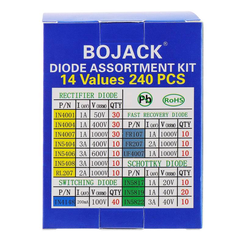 BOJACK 14 Wert 240 Stück Diodensortiment Kit Schottky Diode Sortiment 1N4001 1N4004 1N4007 1N5404 1N5406 1N5408 RL207 FR107 207 UF4007 1N5817 1N5819 1N5822 1N4148 von BOJACK