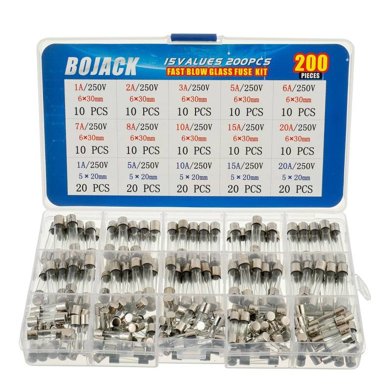 BOJACK 15 Werte 200 Stück Glas sicherungen Sortiment 5x20mm 250V 1 5 10 15 20A 6x30mm 250V 1 2 3 5 6 7 8 10 15 20A Paket in einer durchsichtigen Kunststoffbox von BOJACK