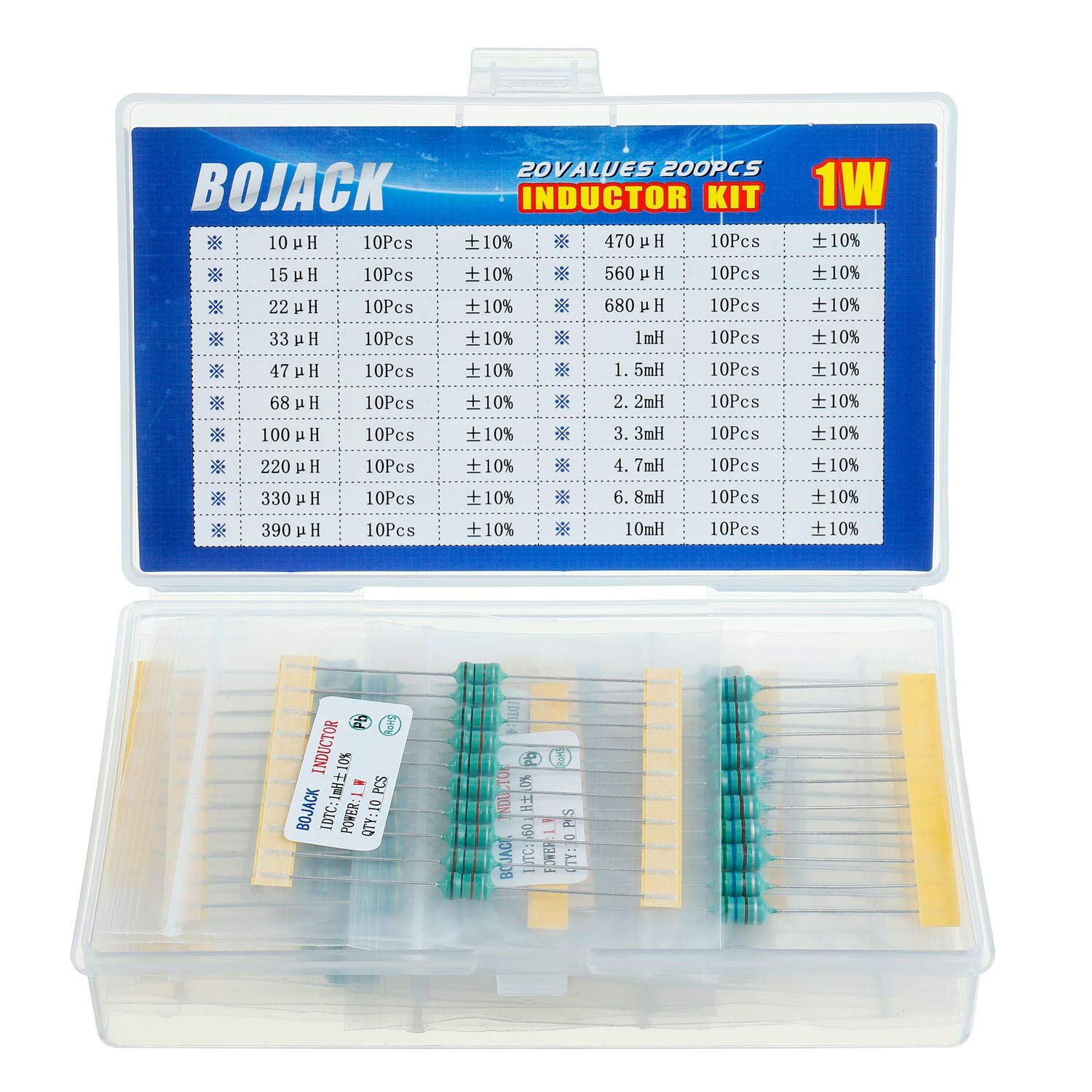 BOJACK 20 Werte 200 Stück Induktor 10 uH bis 10 mH 1 W Farbringinduktor 1 Watt Sortiment Kit von BOJACK