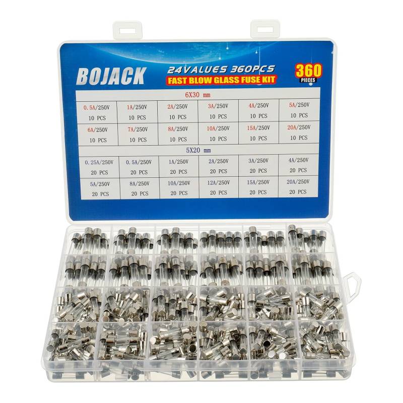 BOJACK 24 Werte 360 Stück Glas sicherungen Sortiment 5x20mm 250V 0,25 0,5 1 2 3 4 5 8 10 12 15 20A 6x30mm 250V 0,5 1 2 3 4 5 6 7 8 10 15 20A Paket in einer durchsichtigen Kunststoffbox von BOJACK