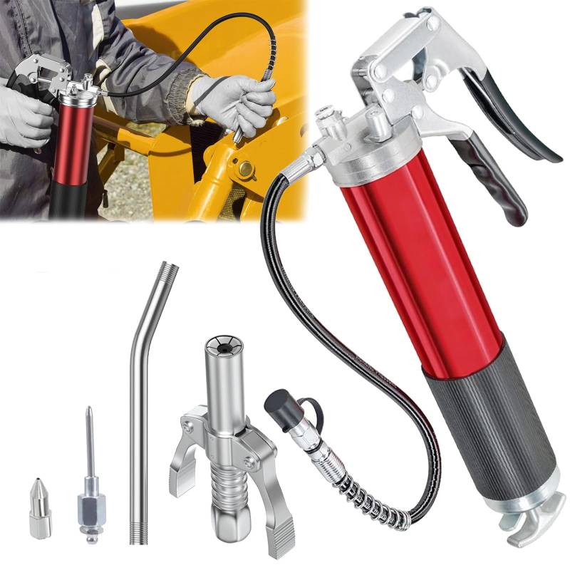 8 Stücke Fettpresse Set, Fettpresse für Schmiernippel 8000 PSI Hochleistungs mit Fettpresse Mundstück, Schnellkupplung, Mundstück Fettnadeldüse, Flexschlauch und Metallrohr, für 400g Fettkartusche von BONJUME