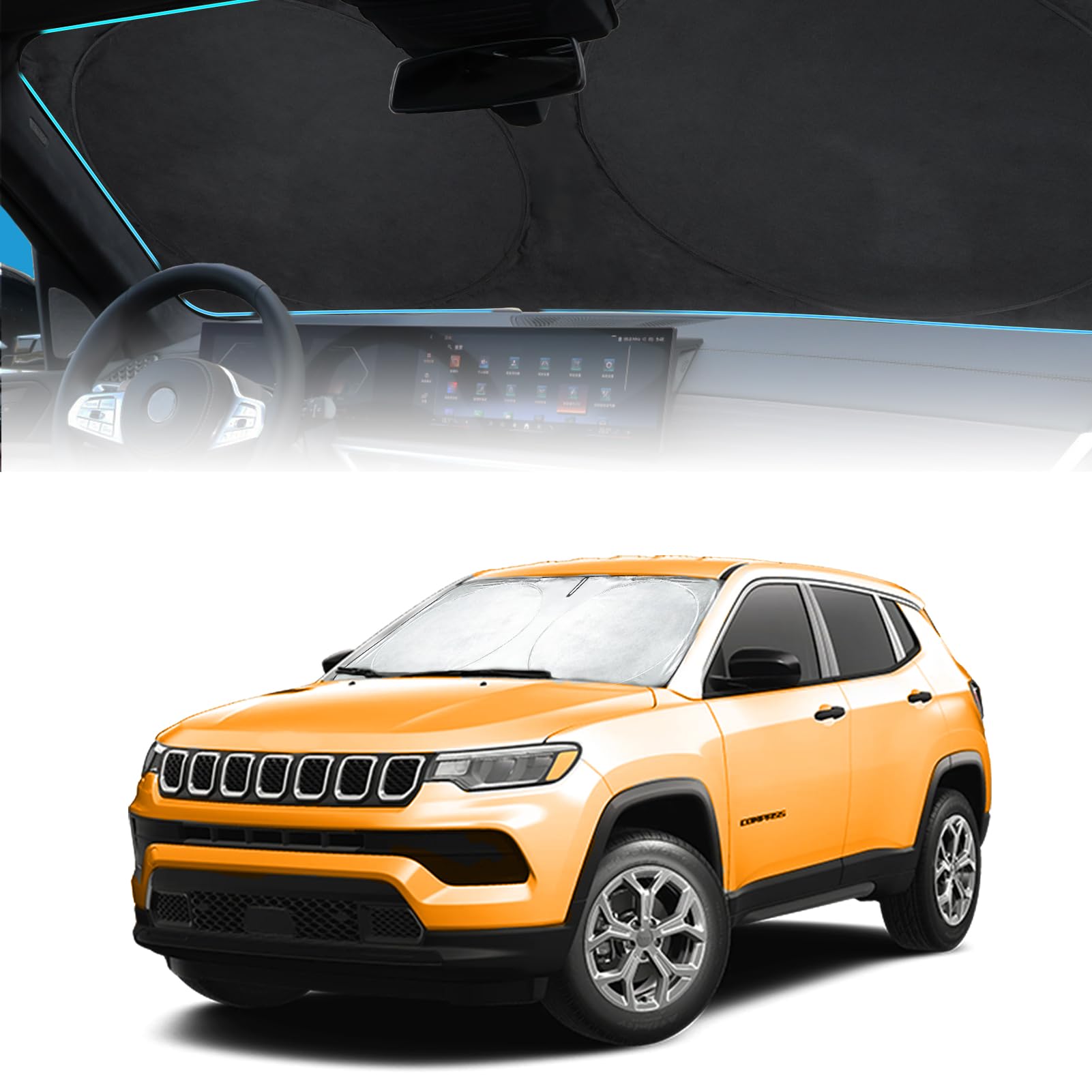 BOODANCARS Compass Windschutzscheiben-Sonnenschutz, Auto-Windschutzscheibenabdeckung, passgenau, für Jeep Compass 2017–2023, ultimativer Sonnenschutz, faltbares Visier, Sonnenschutz, Schutzschild, von BOODANCARS