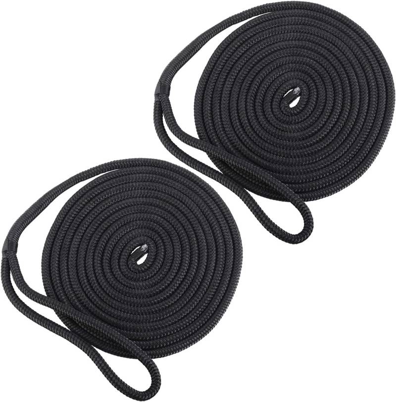 2 Stück Boot Seil 12mm Festmacherleine mit Auge Nylon Doppelt Geflochten Fenderseil Dock Linien Ø 12mm, L: 4.57 m, Auge 30.48 cm, Bruchlast: 2240 kg, Schwarz von BOOMSTART